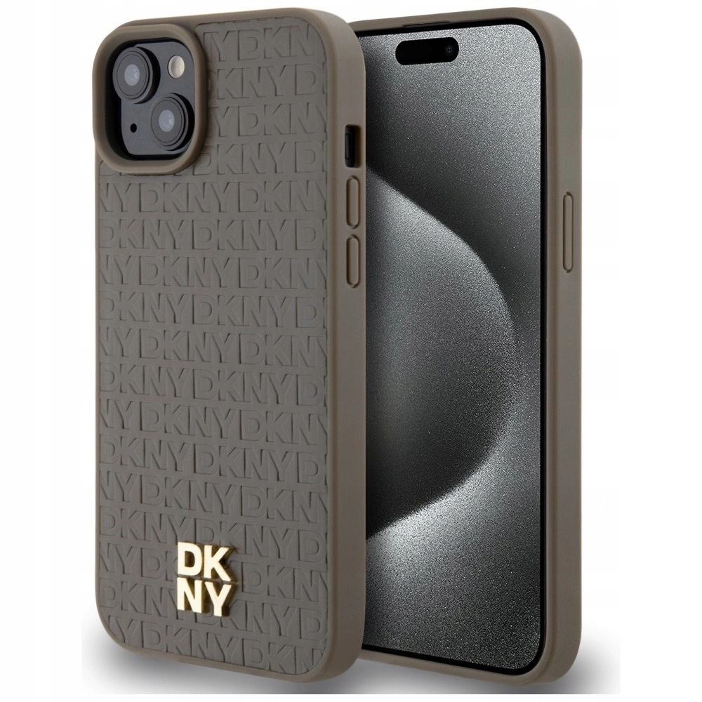 Etui Dkny Leather Pattern Metal Logo MagSafe iPhone 15/14 Plus brązowe