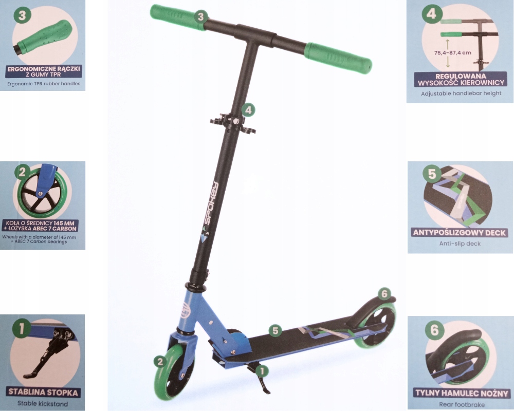 HULAJNOGA SPOKEY NIEBIESKI Z ZIELONYM 2-KOŁOWA EAN (GTIN) 5905339437969