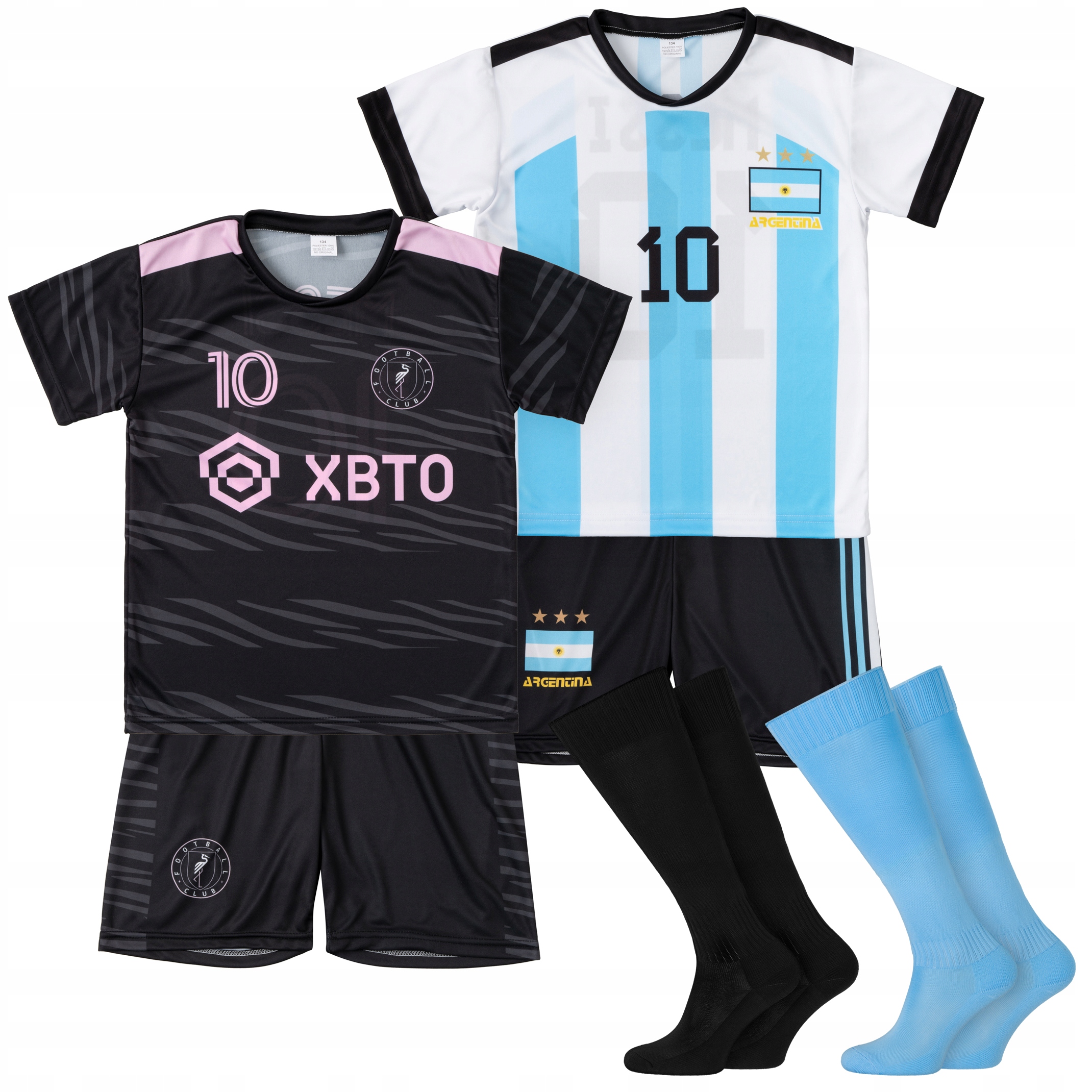Dwa komplety piłkarskie + getry MESSI