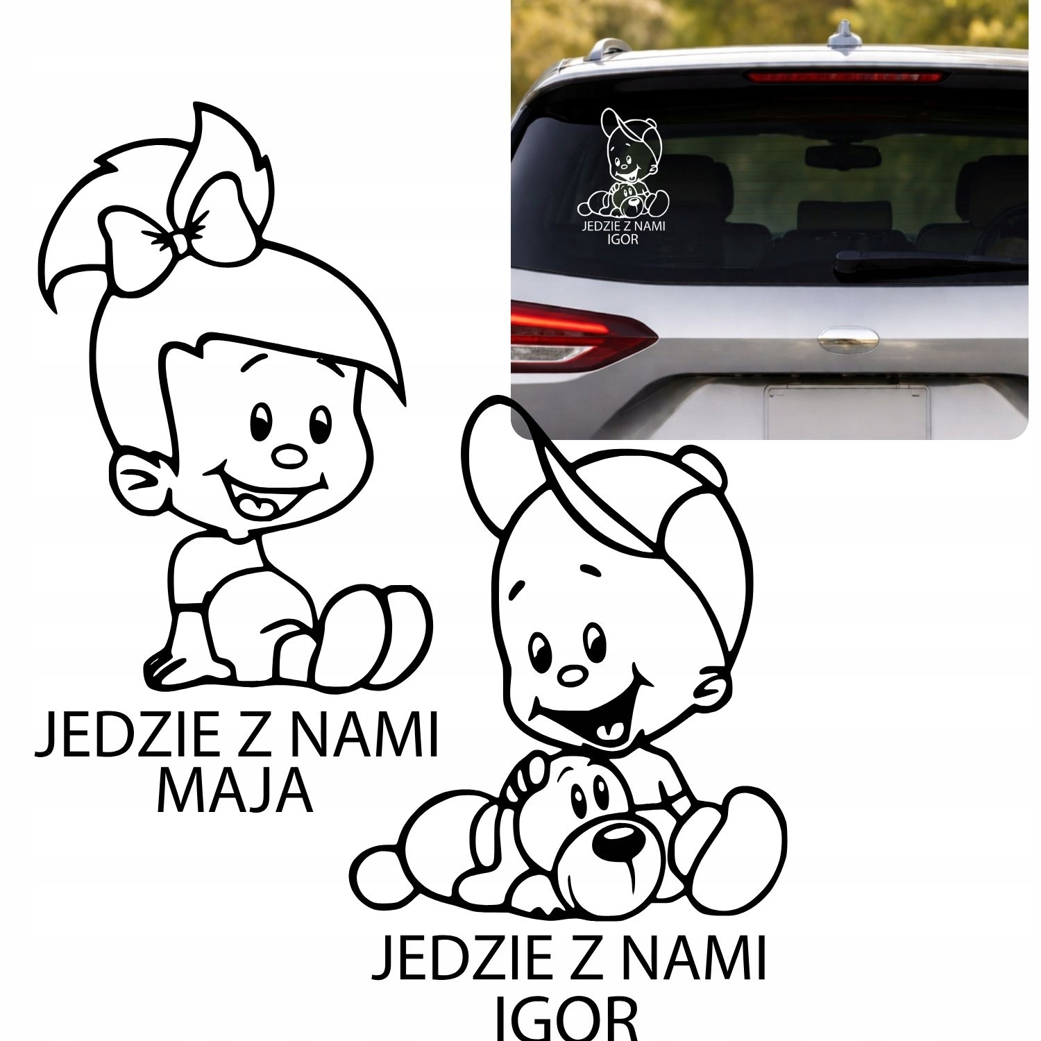 Naklejka na samochód Jedzie Z Nami Imię dziecka, chłopiec, dziewczynka