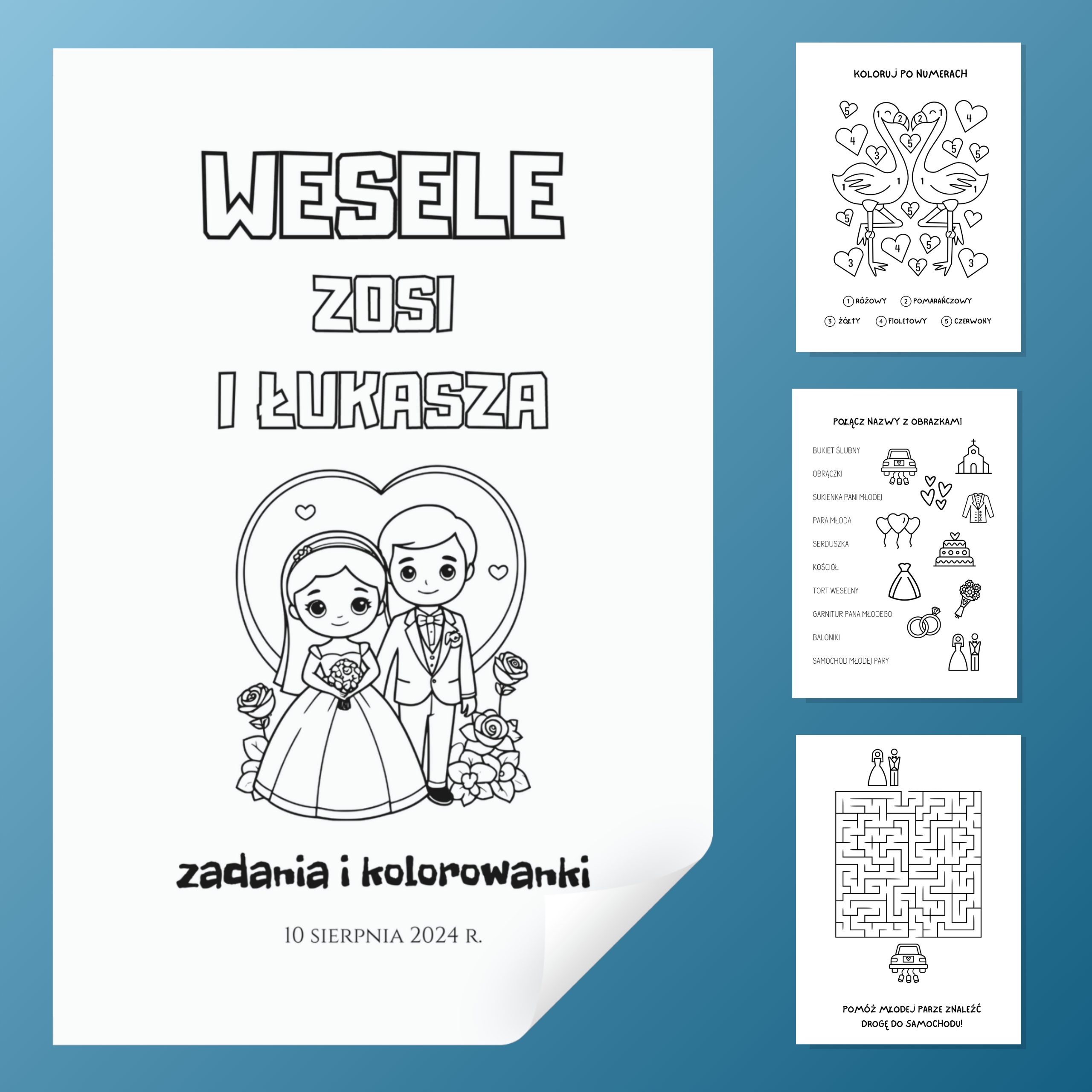 Kolorowanki weselne DO DRUKU - spersonalizowane kolorowanka ślubna - PDF