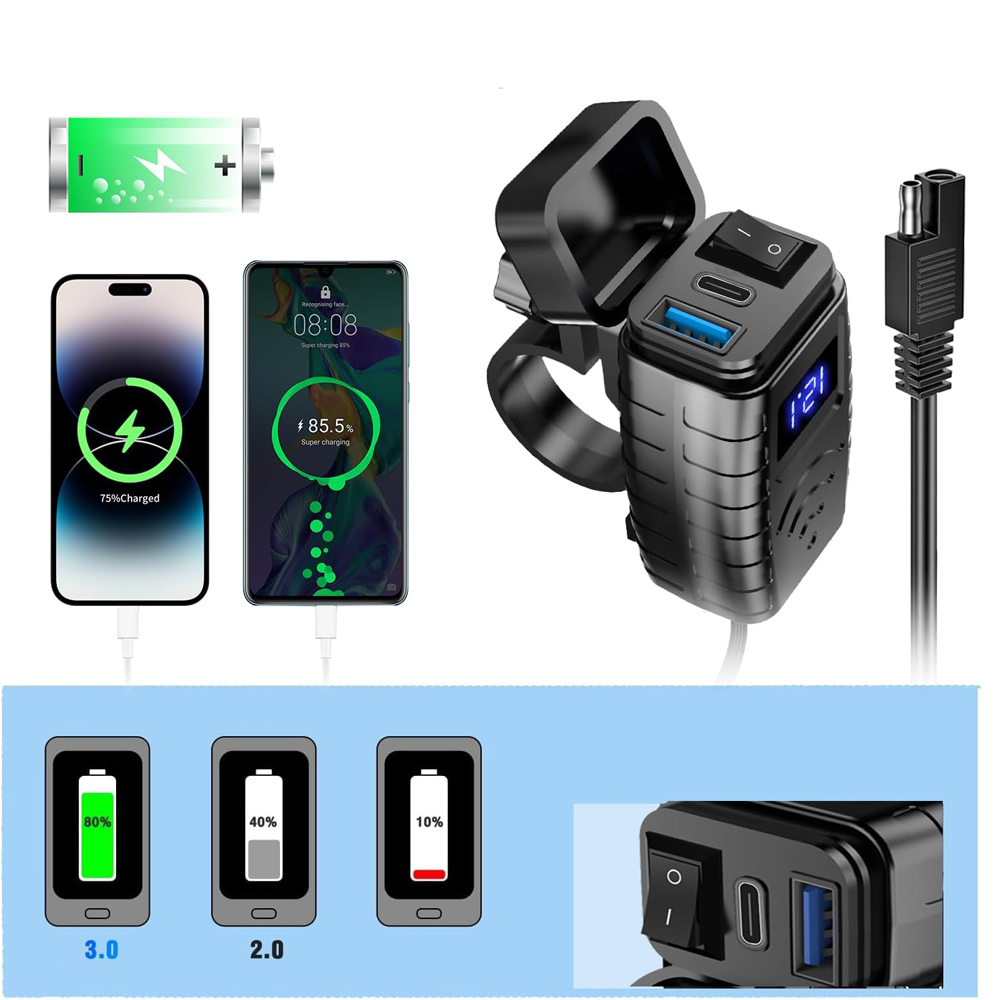 ŁADOWARKA MOTOCYKLOWA WOLTOMIERZ USB + USB-C typ C QC 3.0 3Ccc Waga produktu z opakowaniem jednostkowym 0.14 kg