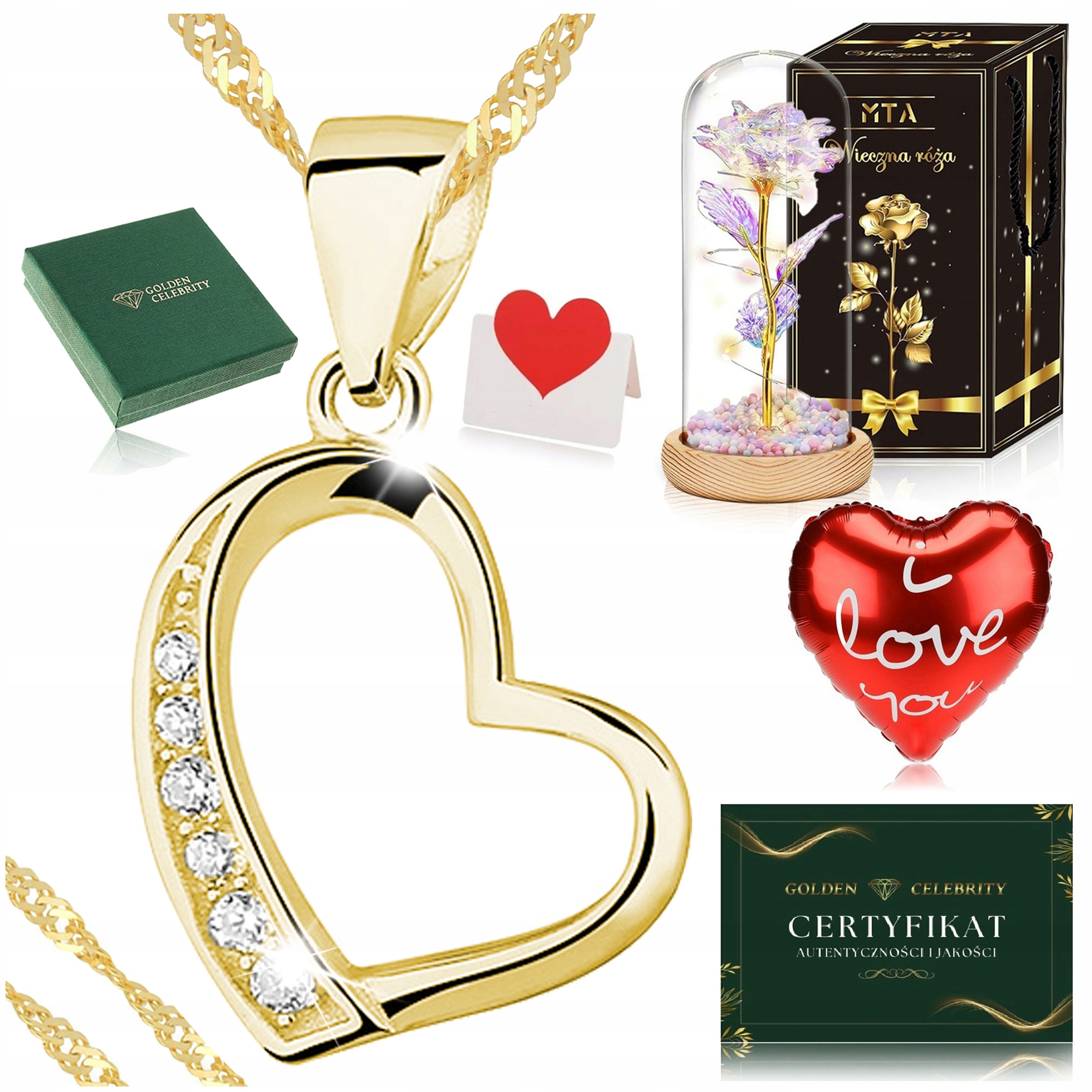 Zlatý Dámský Náhrdelník Srdce 925/585 Řetízek Přívěsek Led Věčná Růže