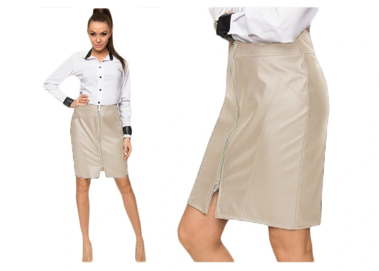 SPÓDNICA EKO SKÓRA DŁUGI SUWAK BEŻOWA r.40