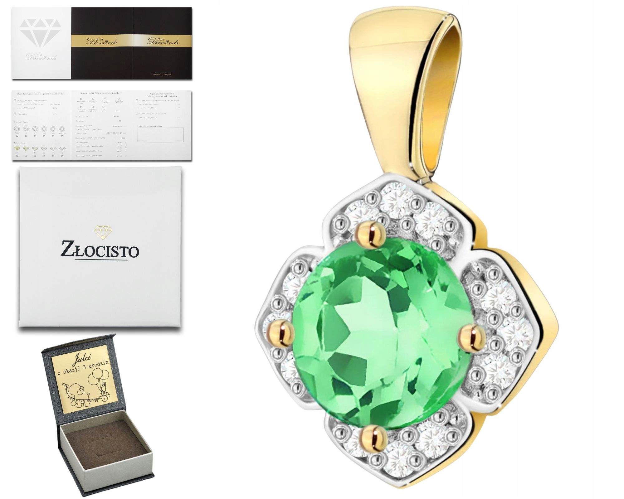 Zlatý Přívěsek Se Zeleným Smaragdem A Diamanty Zlato 585 14K Dárek