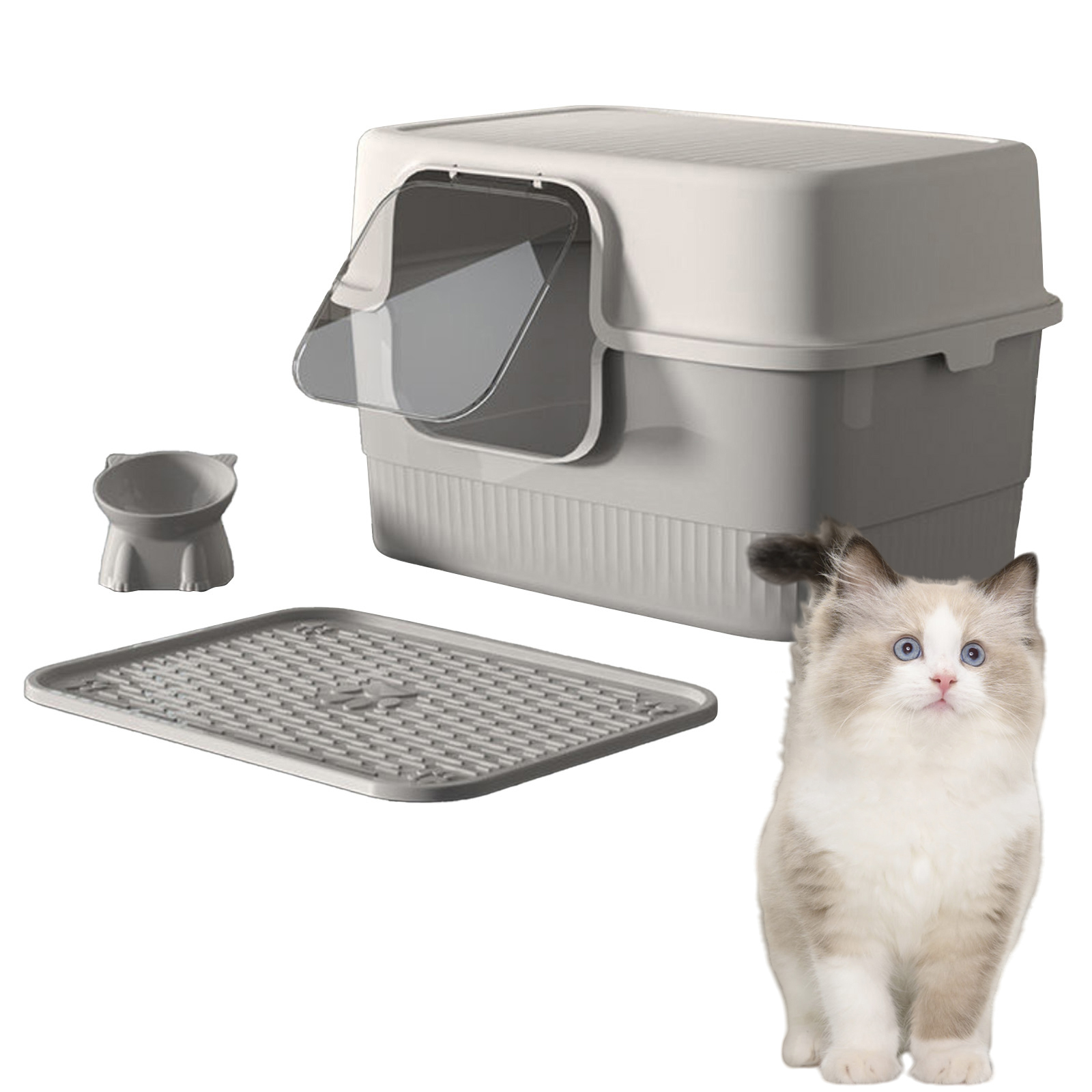 Levně Toaleta Pro Kočky Je Uzavřena Šedou Miskou A Lopatkou Na Stelivo Pro Kočky