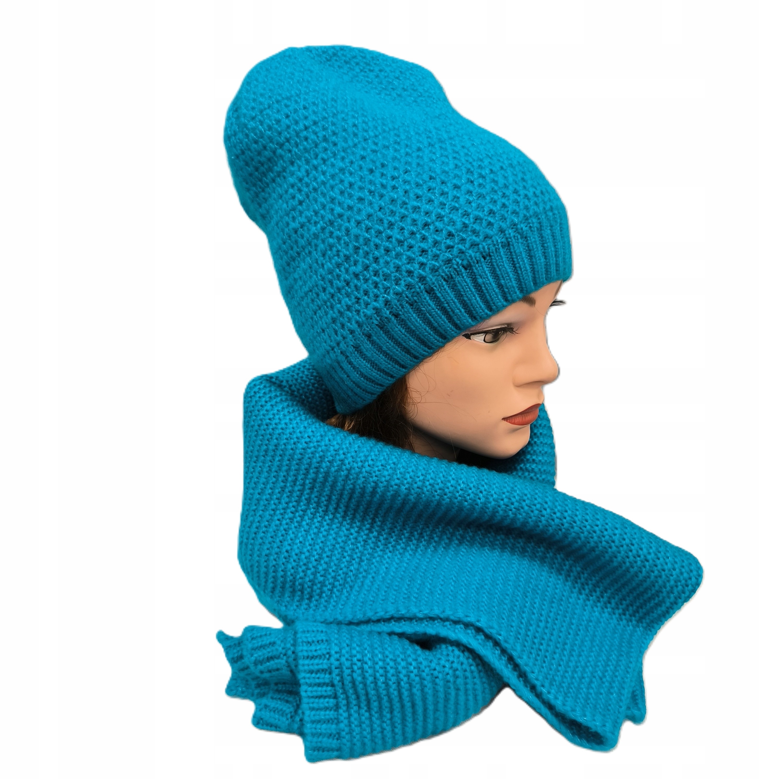 Tyrkýzová pěkná dámská sada čepice zimní teplá, Polský Výrobek