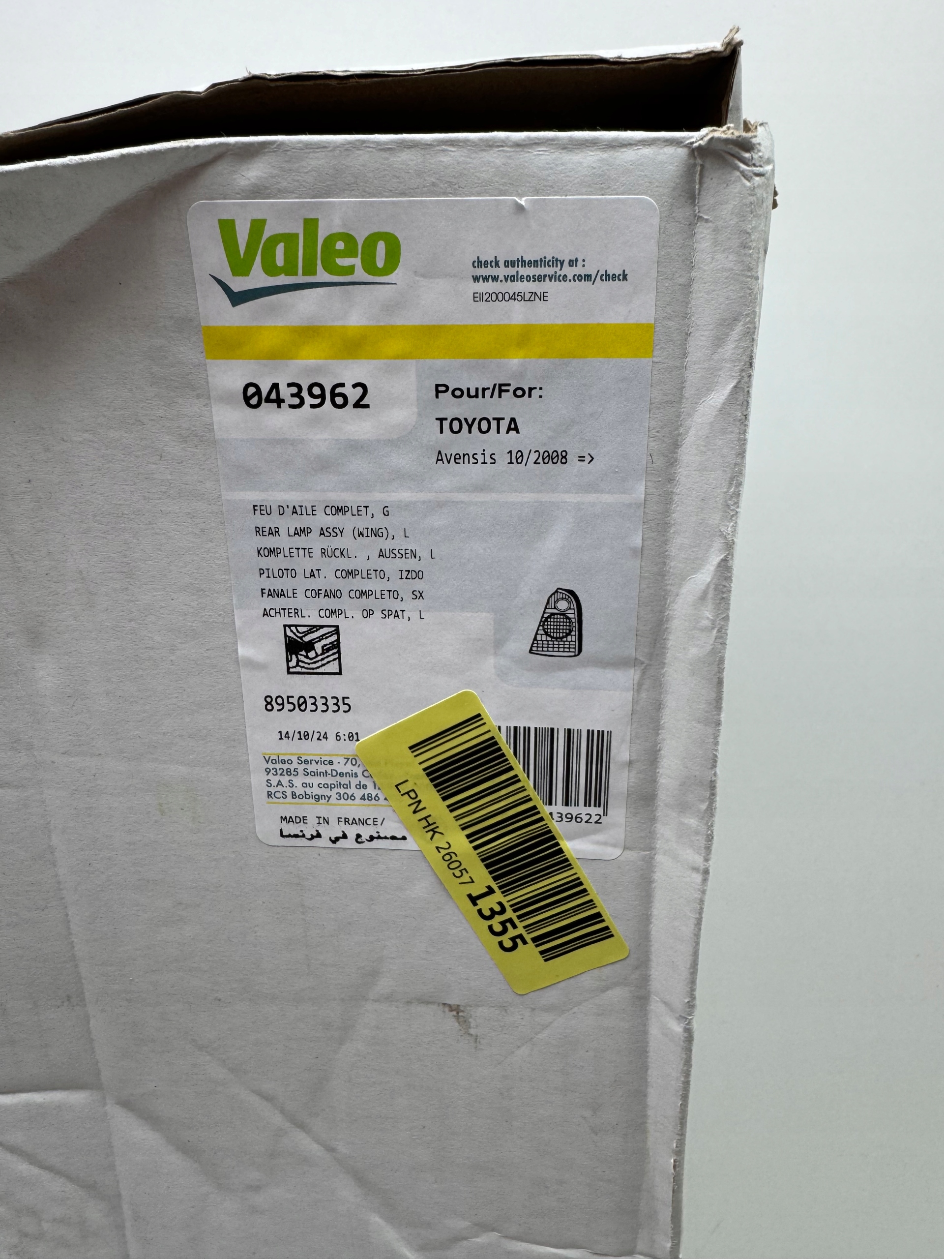 VALEO 043962 LAMPA TYŁ TYLNA LEWA AVENSIS 10/2008 - T27 KOMBI Numer katalogowy części 043962