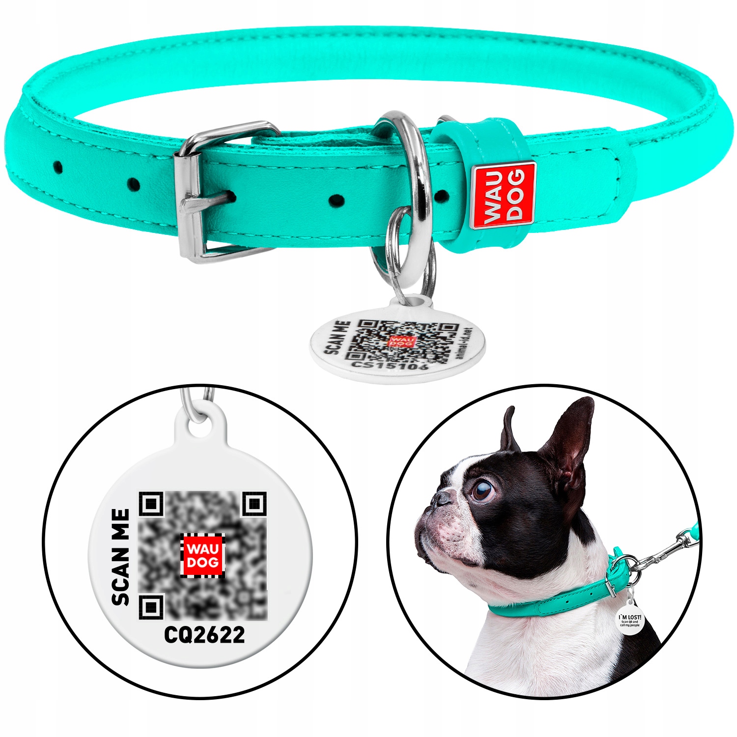 Levně Obojek pro psa kožený kulatý Qr Adresářka Bonus, mátový, velikost XL