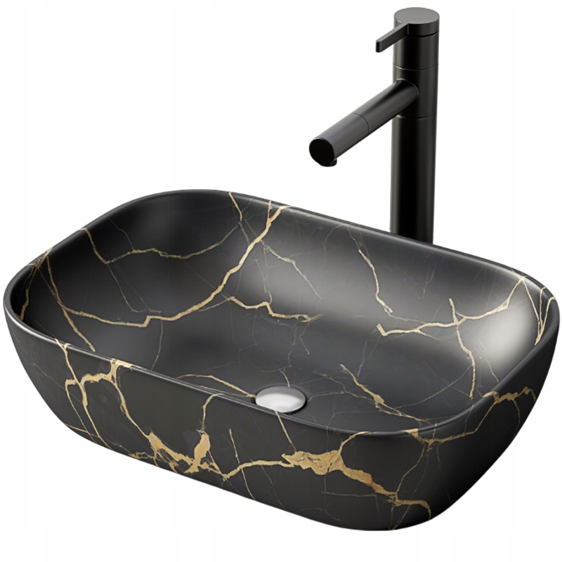 Umyvadlo Na Desku Černý Mat Mramor S Žilkami Oválné Keramické 46,5x33 CM