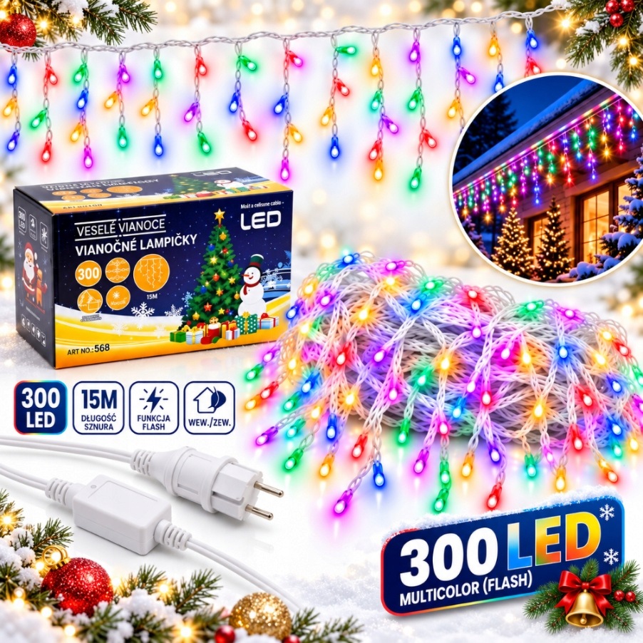 Lampičky rampouchy venkovní 300 Led 15 m multicolor Flash kombinované IP44