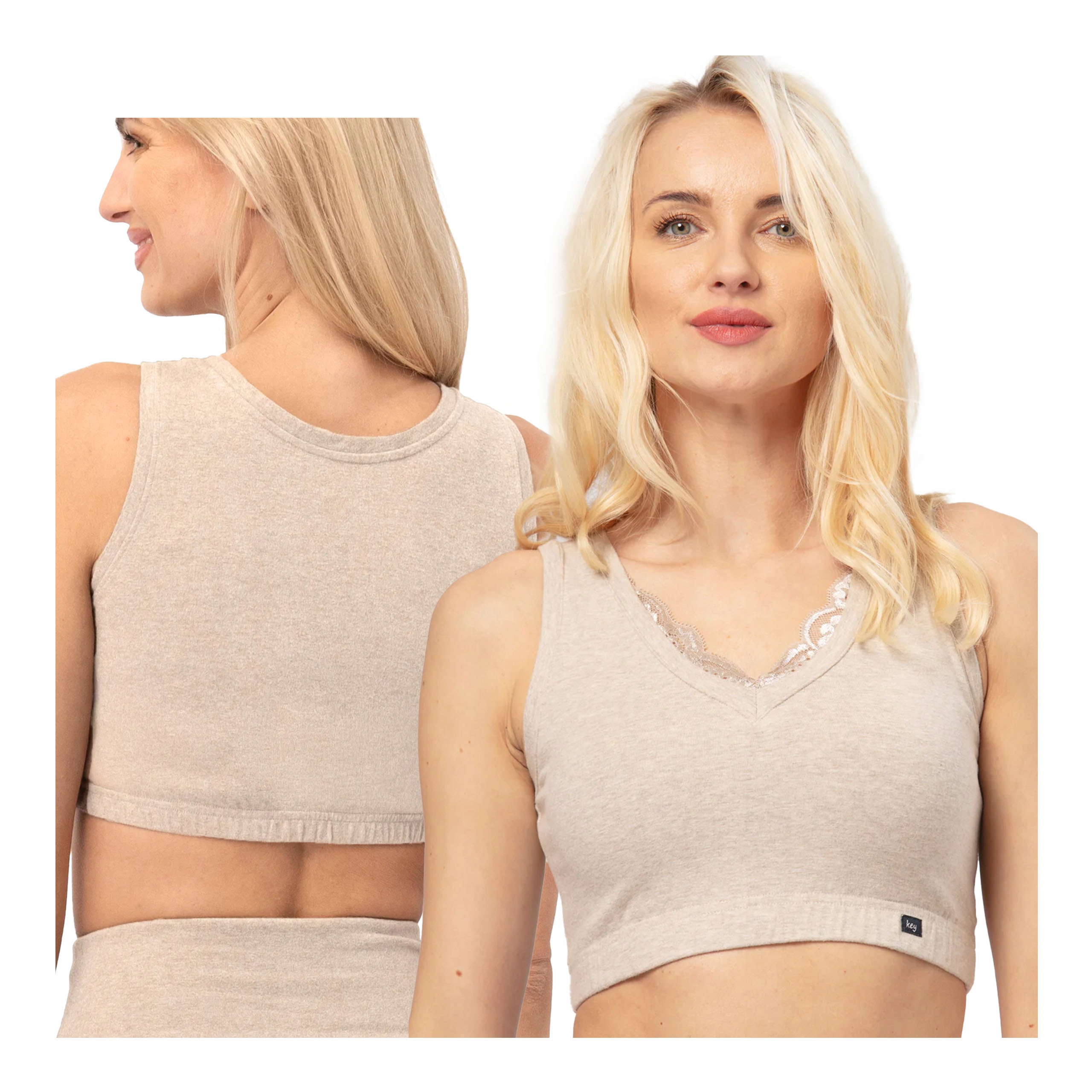 Crop dámský bavlněný sportovní top na ramínka M s krajkou, béžová barva Key