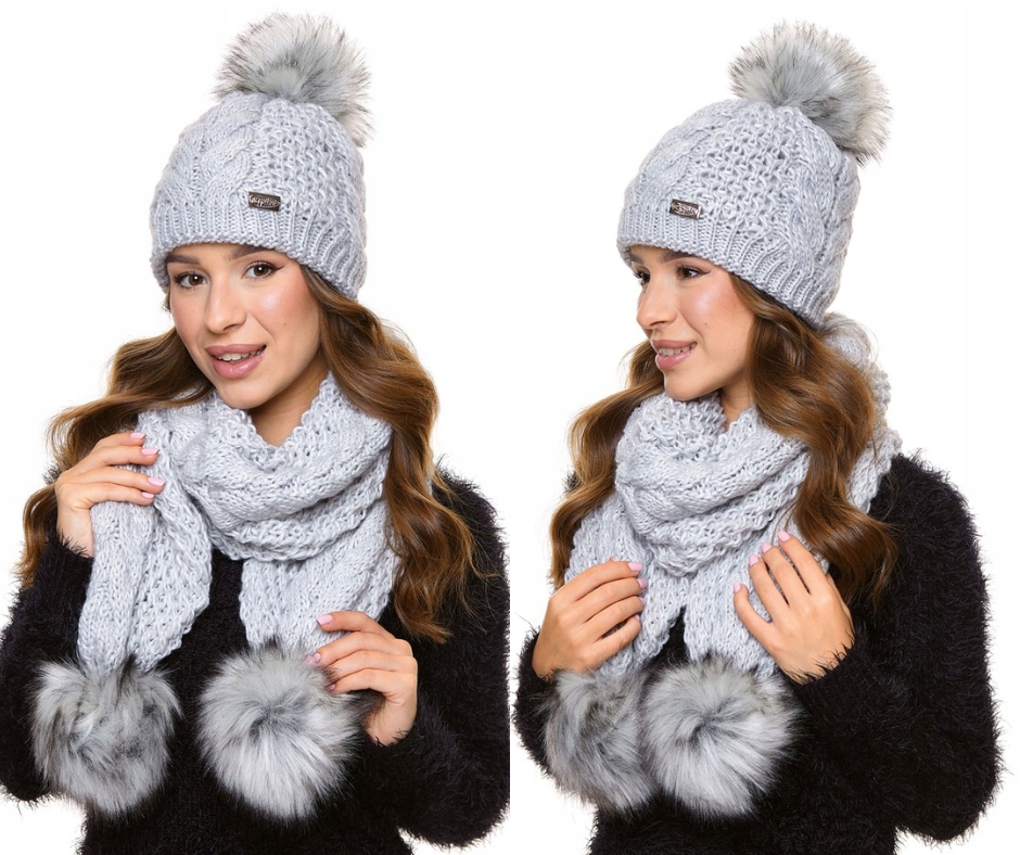 Dámská souprava: čepice s bambulí, zateplená, a zimní šála polský výroby
