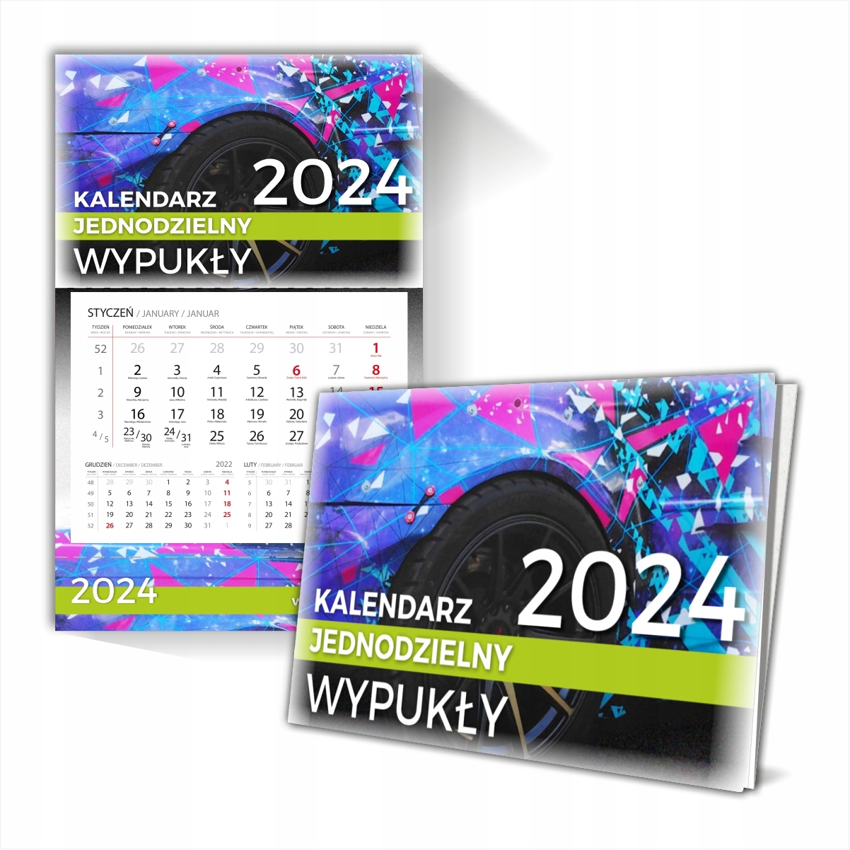 KALENDARZE JEDNODZIELNE WYPUKŁE 2024 + PROJEKT WYP. GŁÓWKA +LAMINAT 50 Rozmiar inny