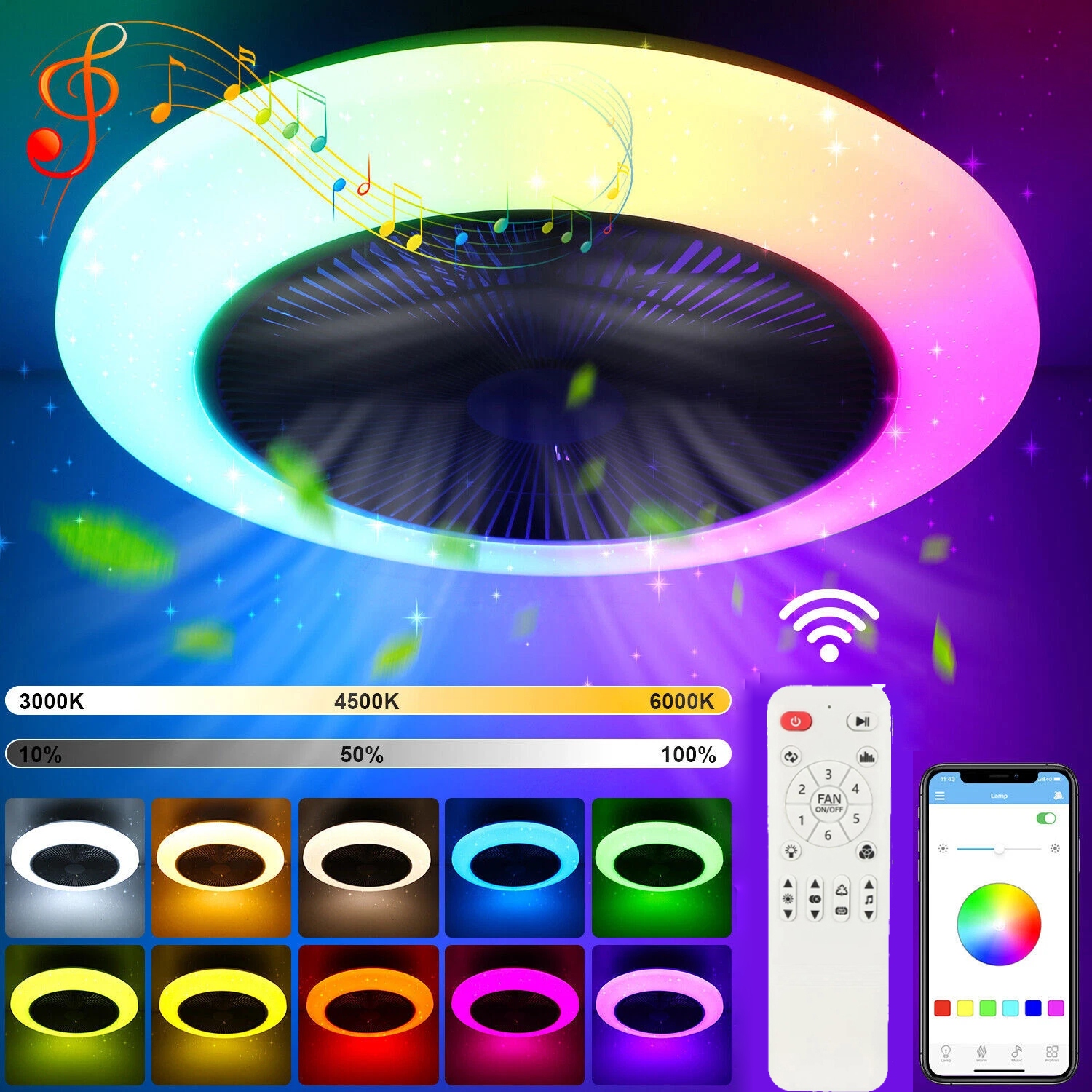 Stropní Svítidlo Led S Ventilátorem Ovládaný Dálkovým Ovladačem Rgb, Změna Barev Černá