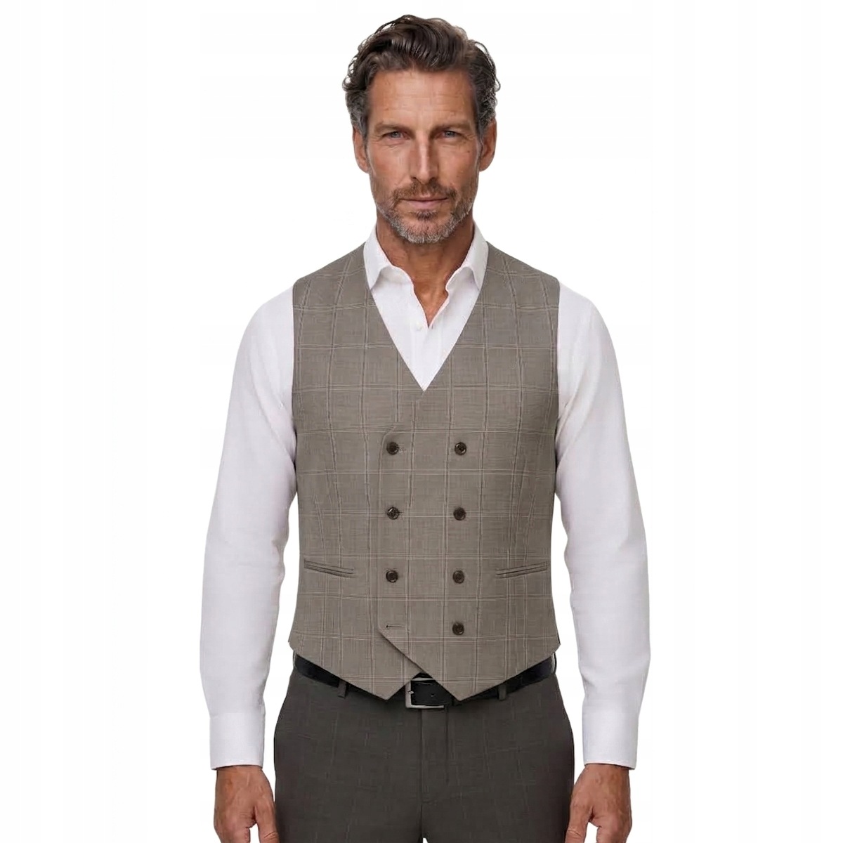 Hnědá dvouřadá kostkovaná vesta Slim Fit Pako Lorente vel