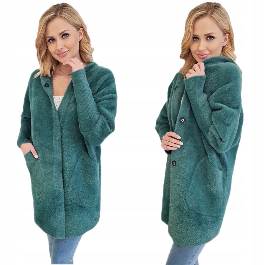 Płaszcz Alpaka Kaptur Wełna Oversize Zgaszony Zielony