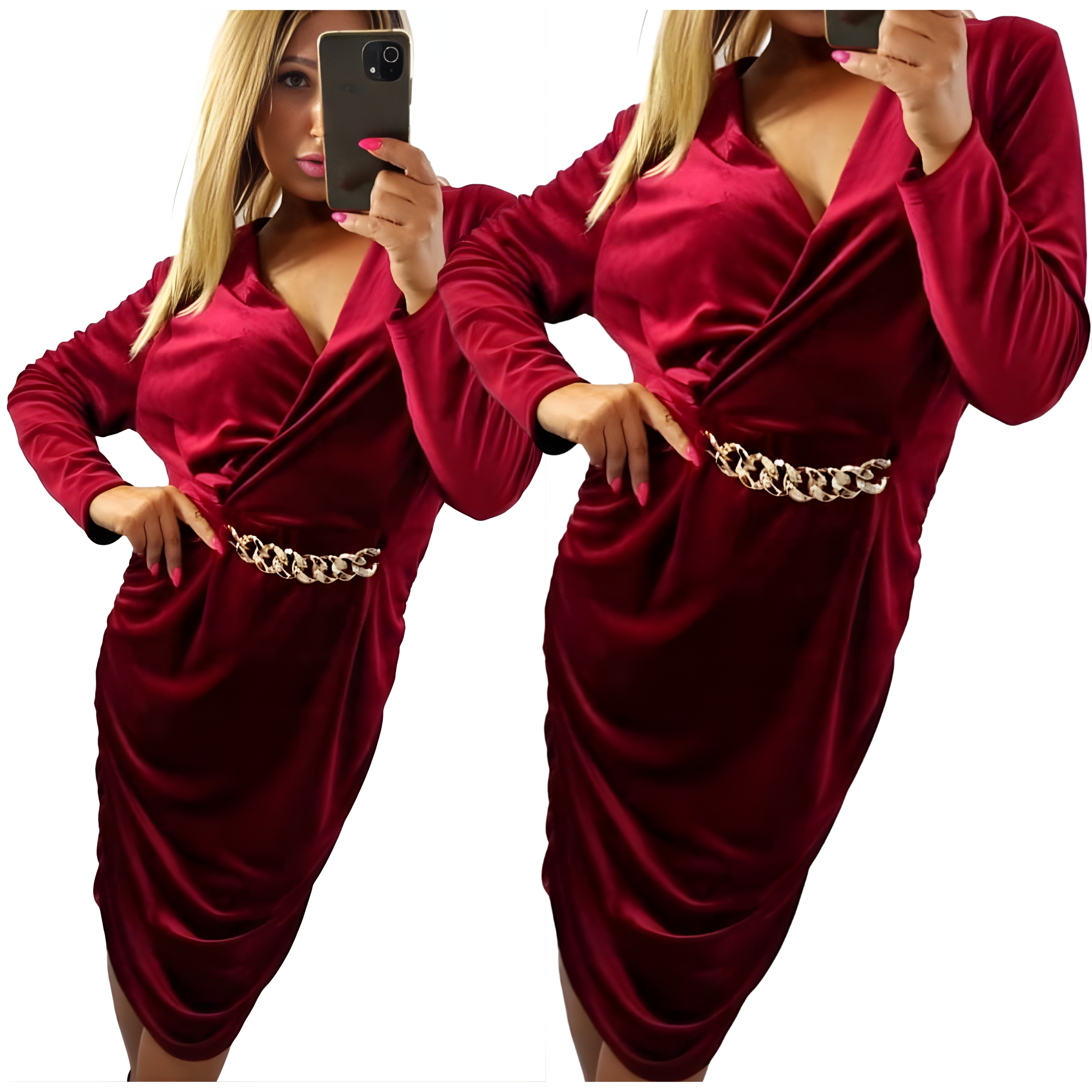 Šaty Bordó Zeštíhlující Plus size Nařasená Velurová 48