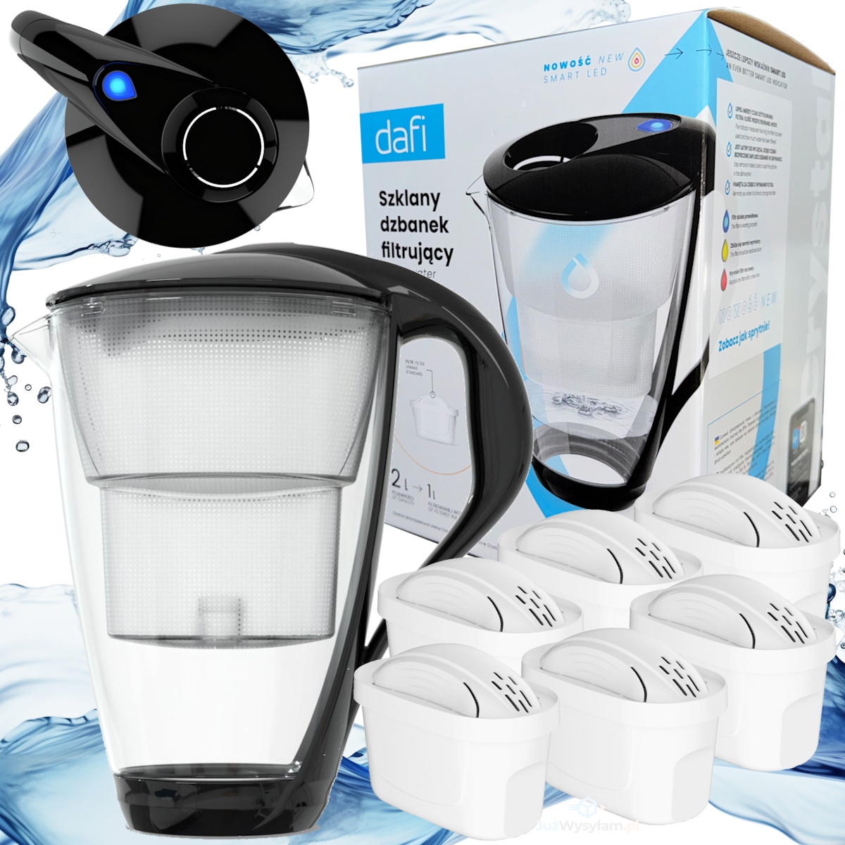 Szklany Dzbanek na wodę Dafi Crystal czarny 6 filtrów wkładów Unimax