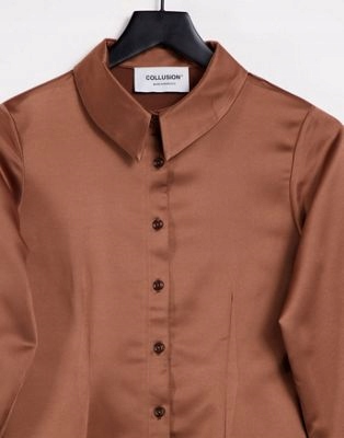 BRĄZOWA SATYNOWA KOSZULA DAMSKA GŁADKA 40 L 1VAF Rękaw długi rękaw