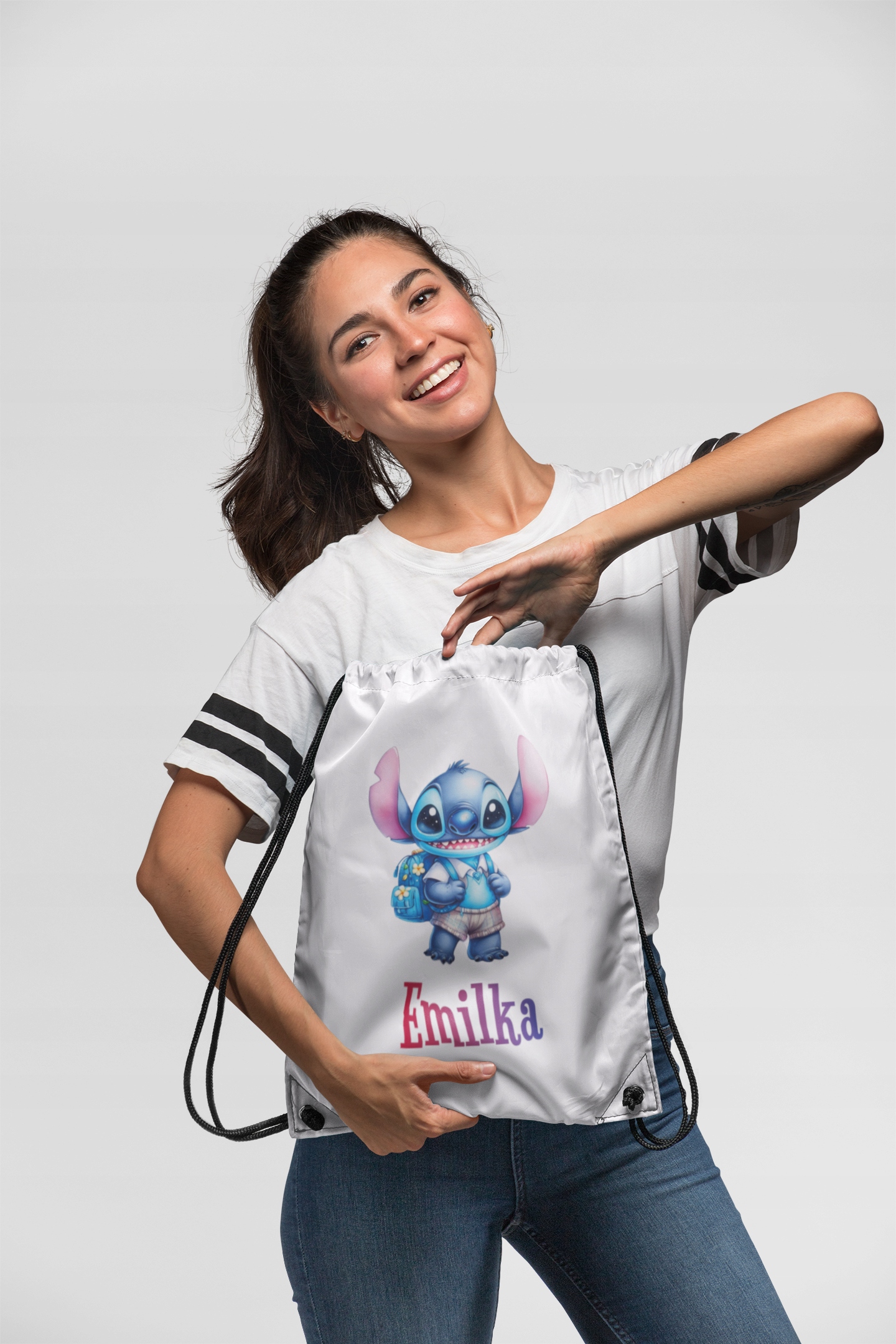 STITCH SZKOŁA PRZEDSZKOLNY WOREK + IMIĘ WZORY PREZENT DZIECKO Kolor biały