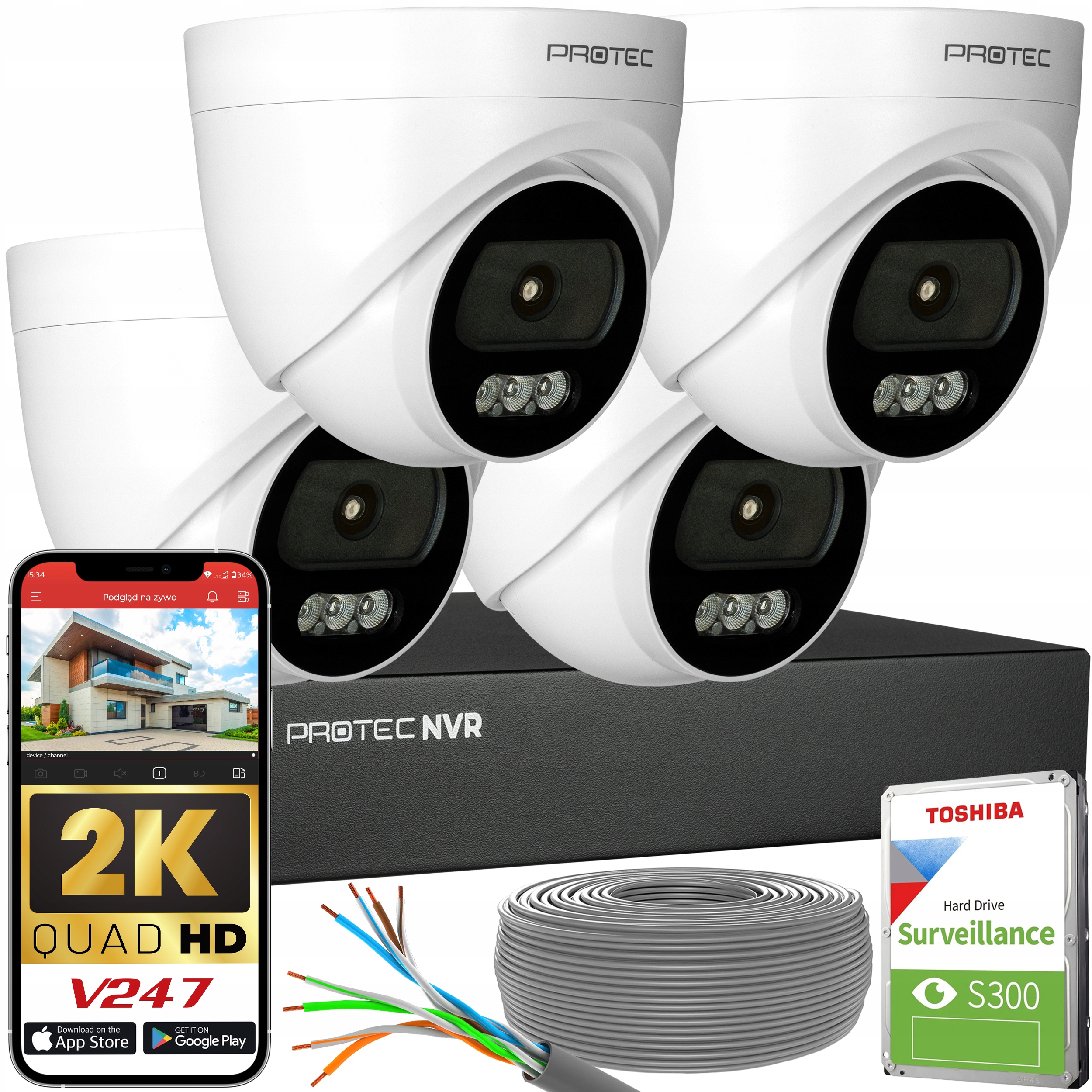 Monitorovací sada 4 kamer Ip 4MPX 2K Poe Kopulový vnitřní mikrofon Hdd