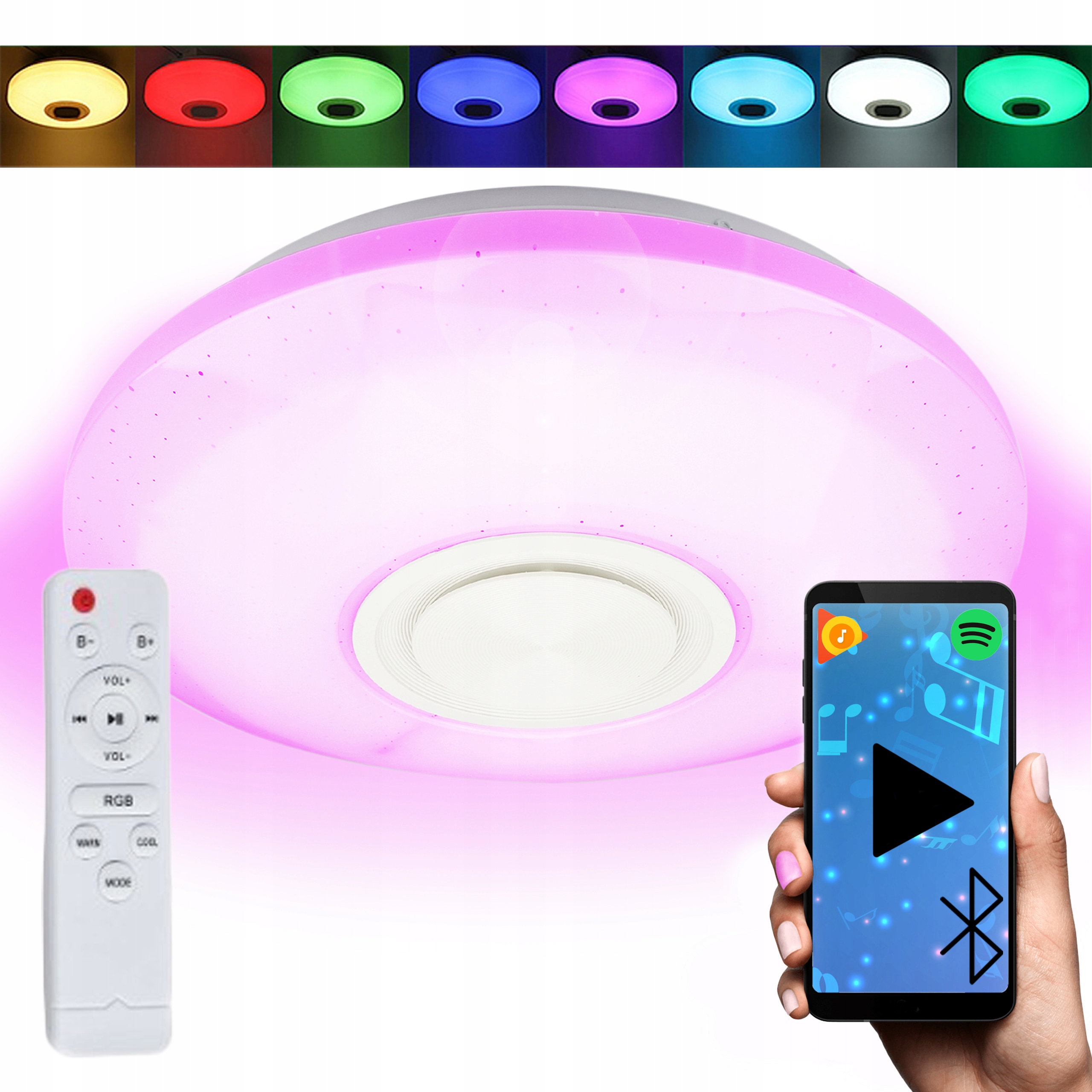 Lampa plafon Led Rgb Kolorowa Głośnik Bluetooth 60w Pilot Aplikacja Smart