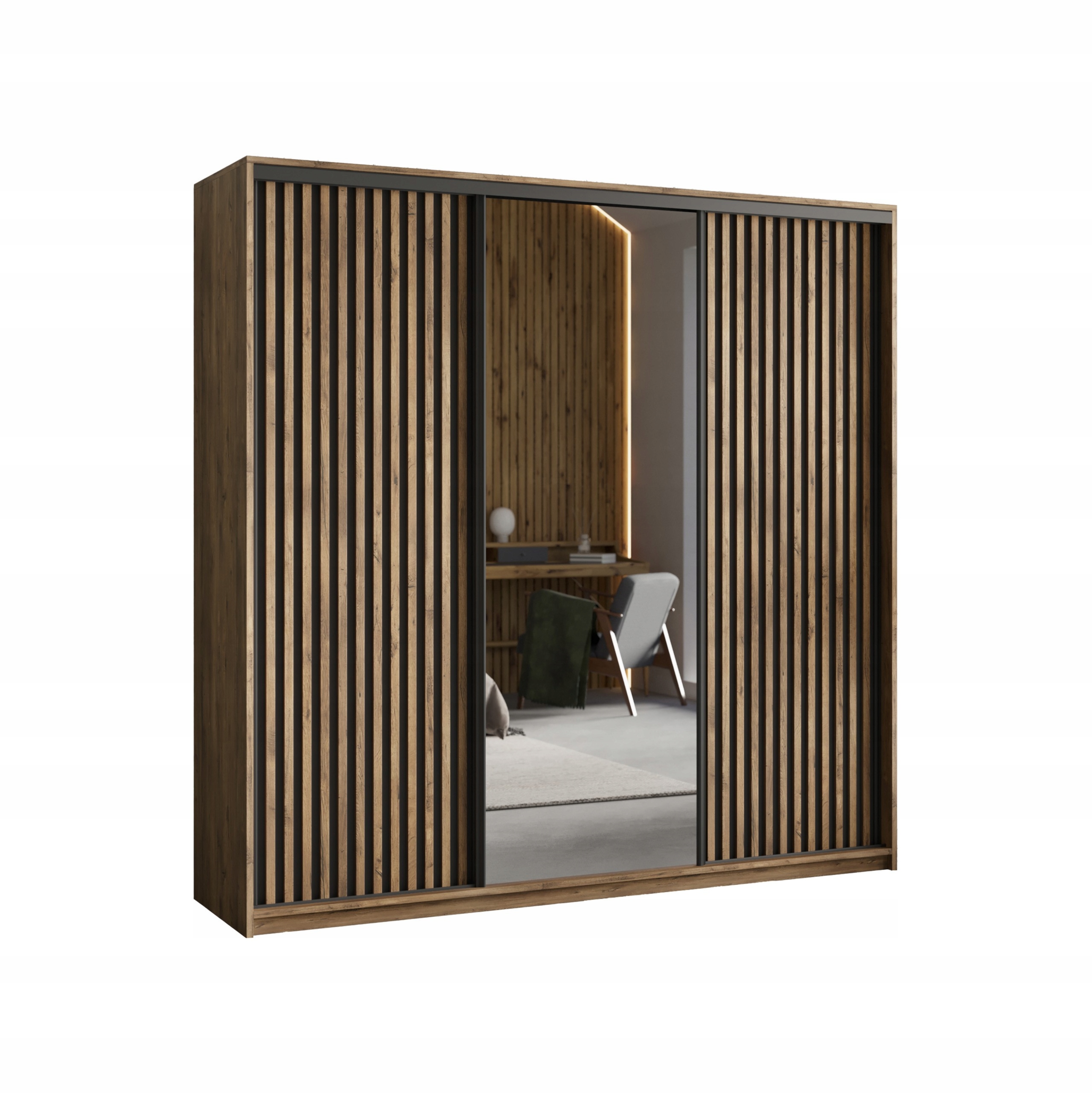 Skříň Orra 180 cm se zrcadlem Lamele 4 zásuvky Třídveřová Lefkas