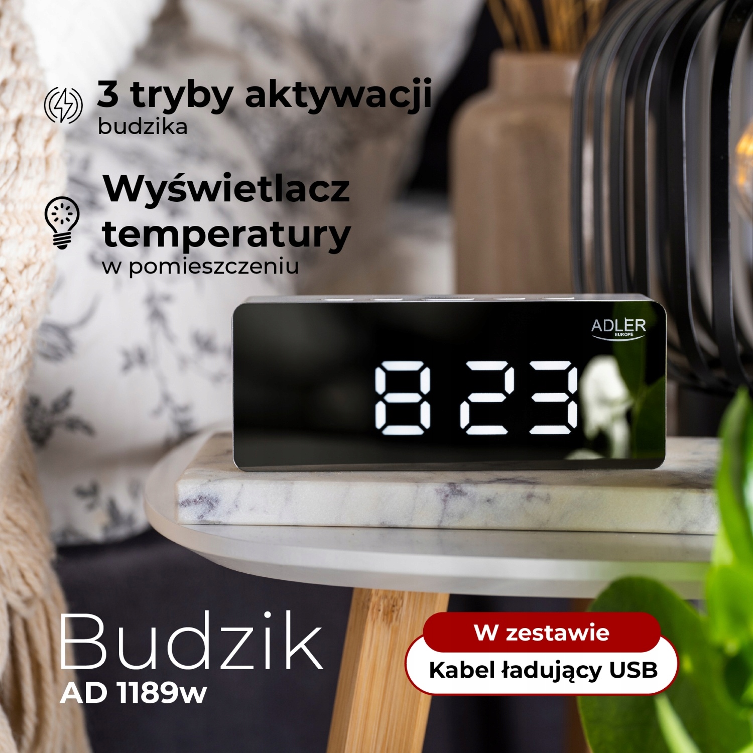 Budzik AD 1189 z Wyświetlaczem Temperatury i 3 Trybami Alarmu