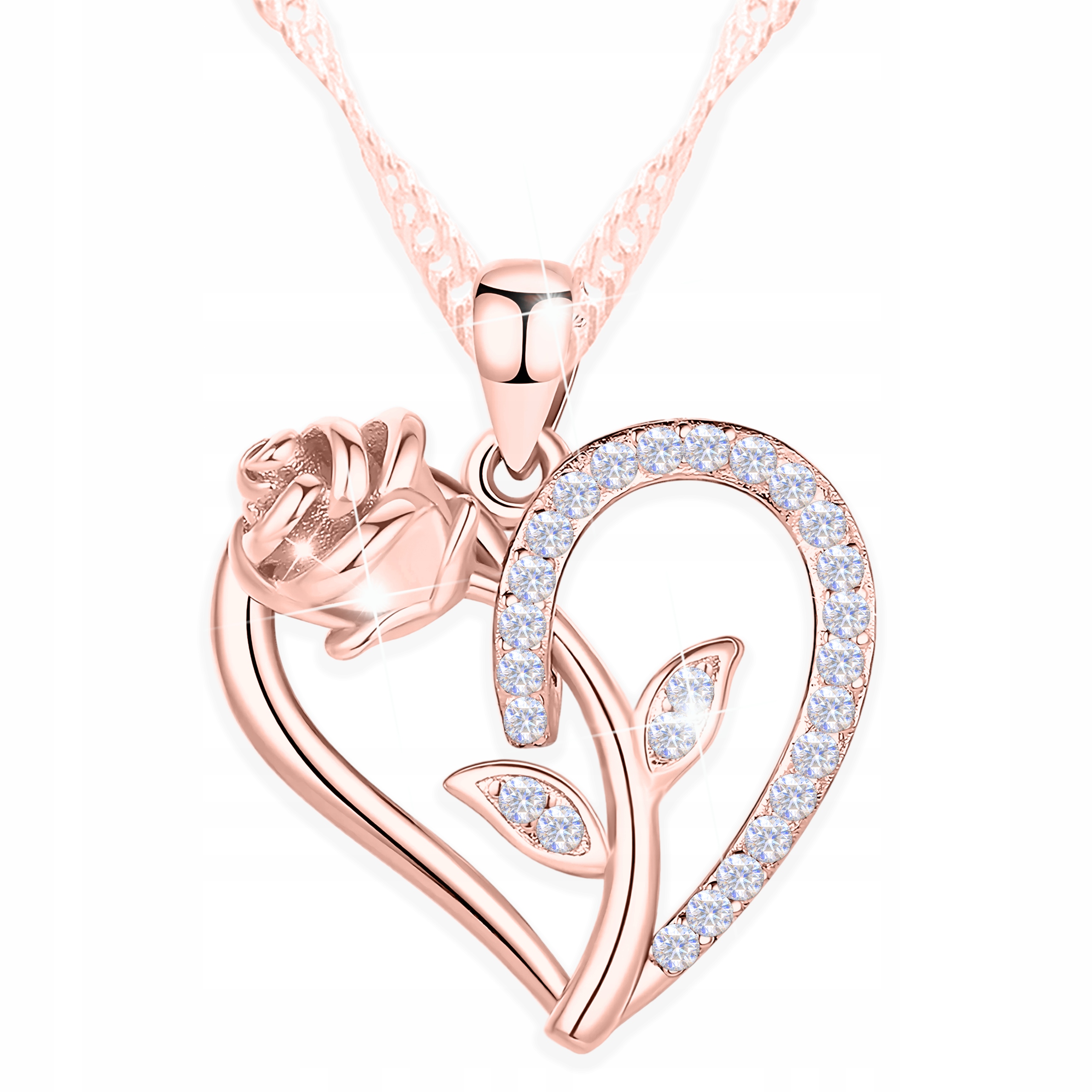 Růžový náhrdelník s květinou Pozlacený 750 Srdce Růže Zirkony Stříbro 925