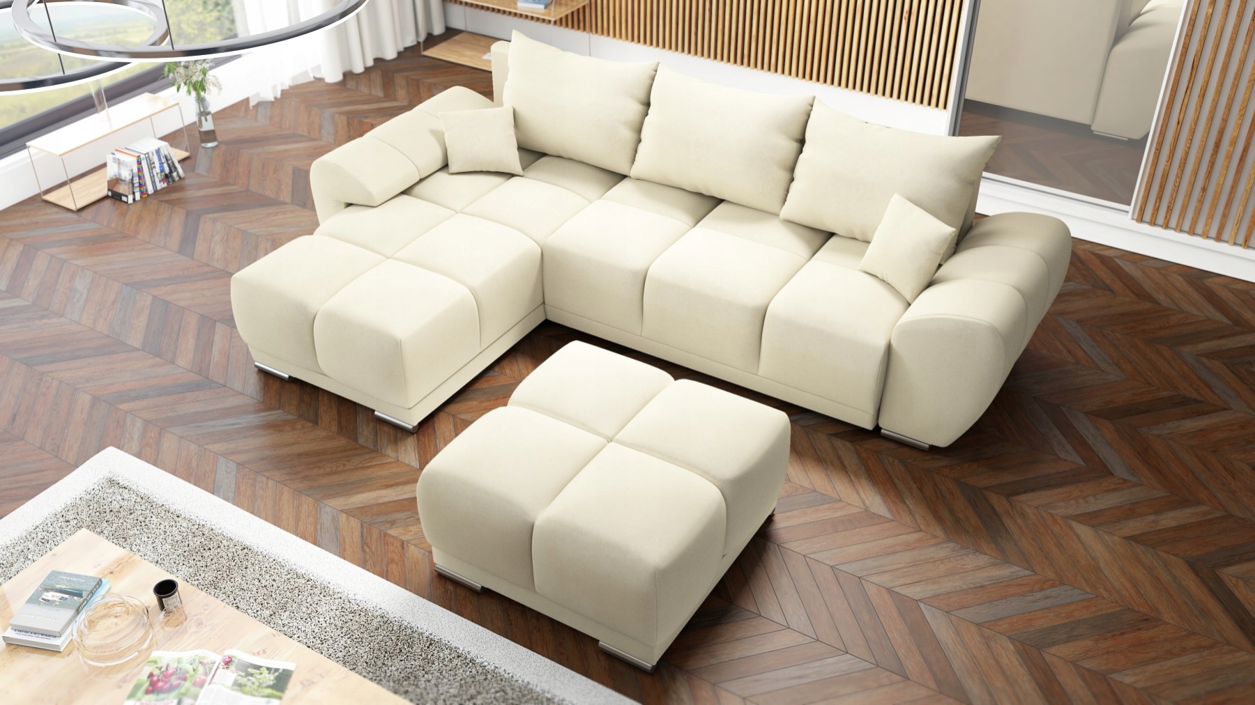 Béžový Rohová Sedací Souprava Rozkládací S Funkcí Spaní Nádoba Honey Velká Taburet Velur