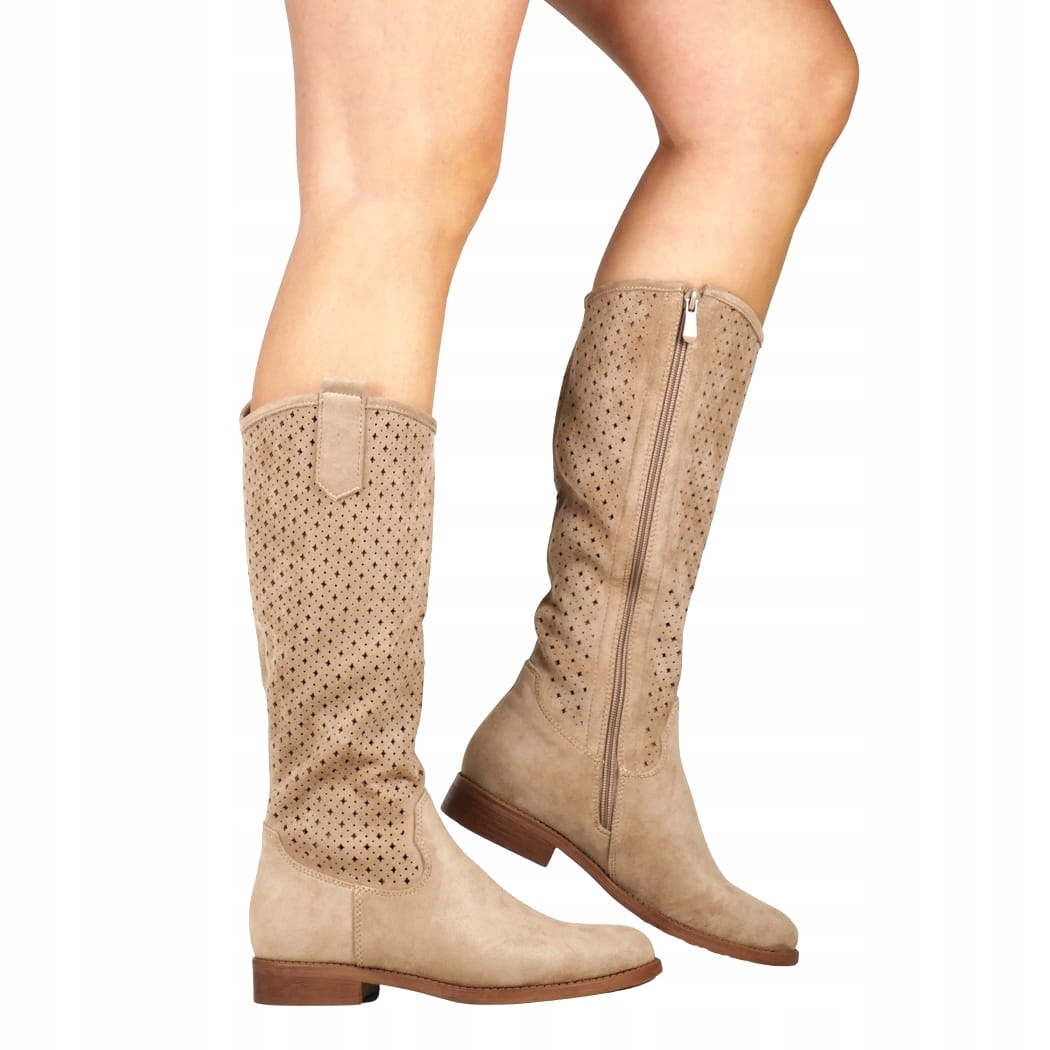 iButy Kozačky Ažurové Přizpůsobené Semišové Khaki Béžové Přiléhavé Módní