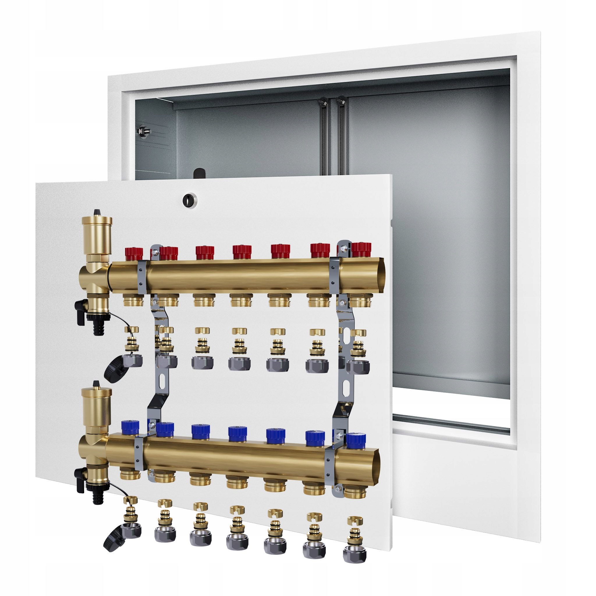 Manuální rozdělovač pro 7 radiátorových topení podomítková skříňka+Pex