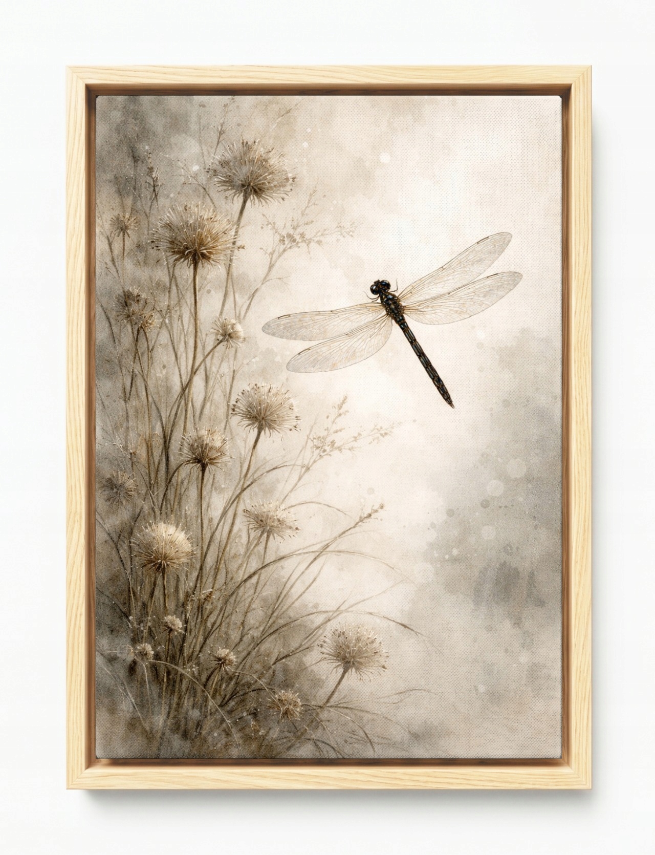 Obraz Rám Americký Box Příroda Louka Trávy Bodlák Hmyz Vážka Béžová Boho 40x60