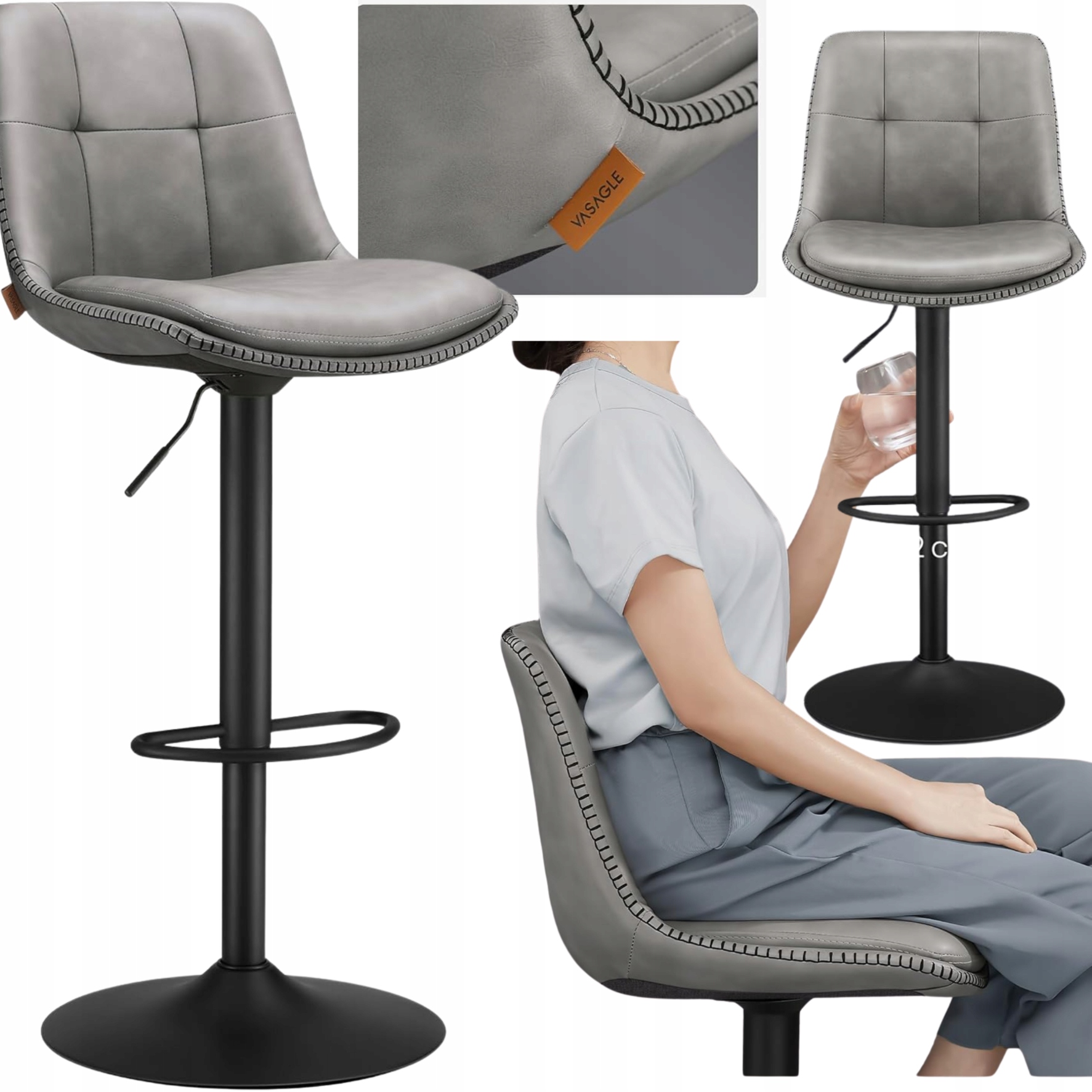 Hoker Regulovateľný otočný set šedý do kuchyne s opierkou a sedadlom 62 cm