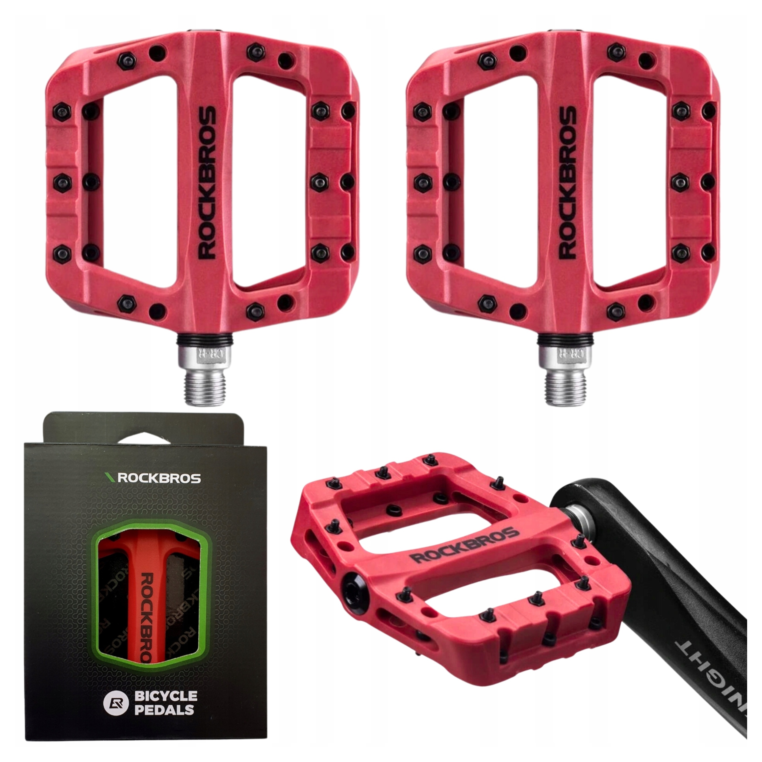 Pedały Nylonowe Czerwone Z Pinami Rowerowe Platformowe Mtb Nylon Rockrbos