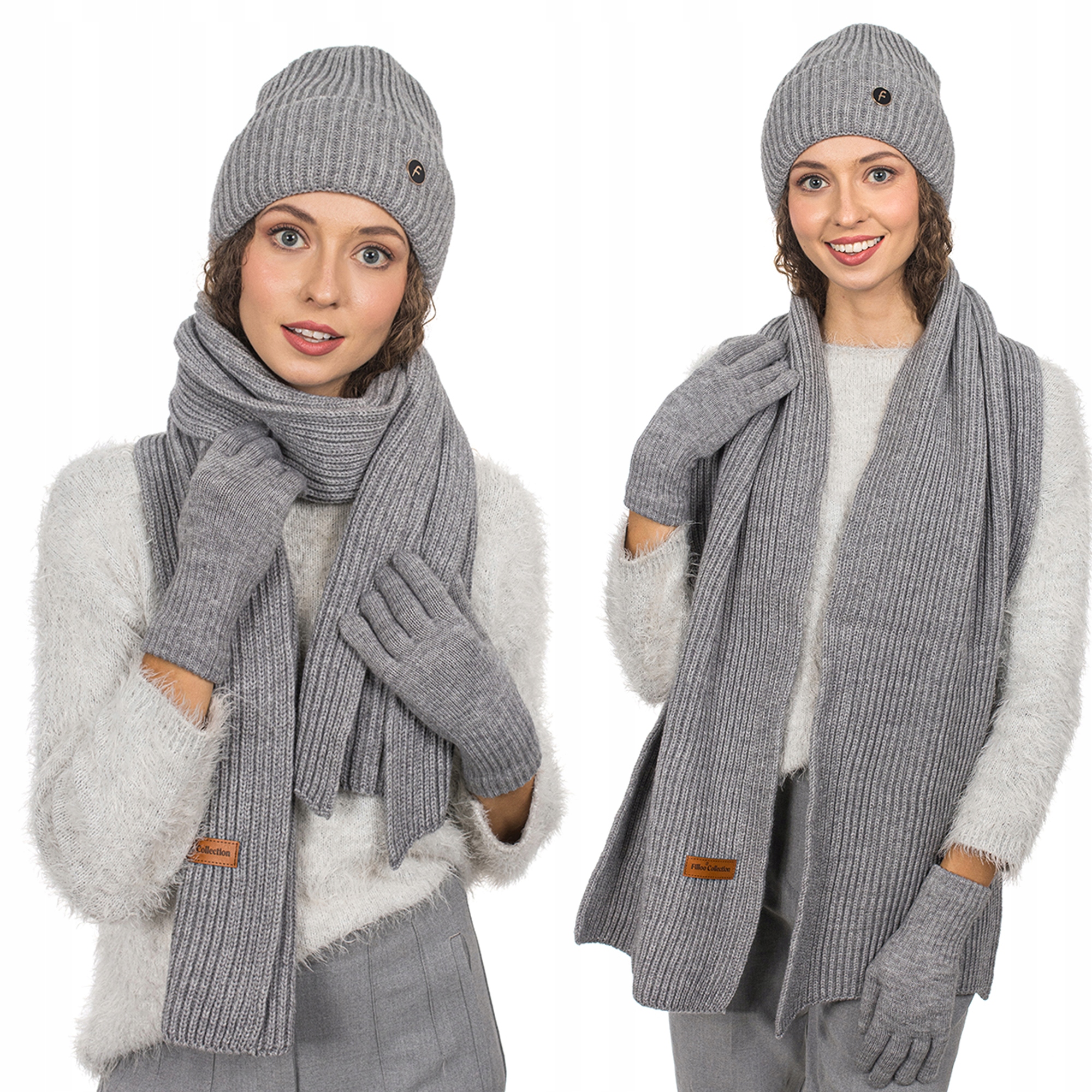 Šedá Sada Čepice Šála Rukavice 3v1 Zimní Teplá Souprava