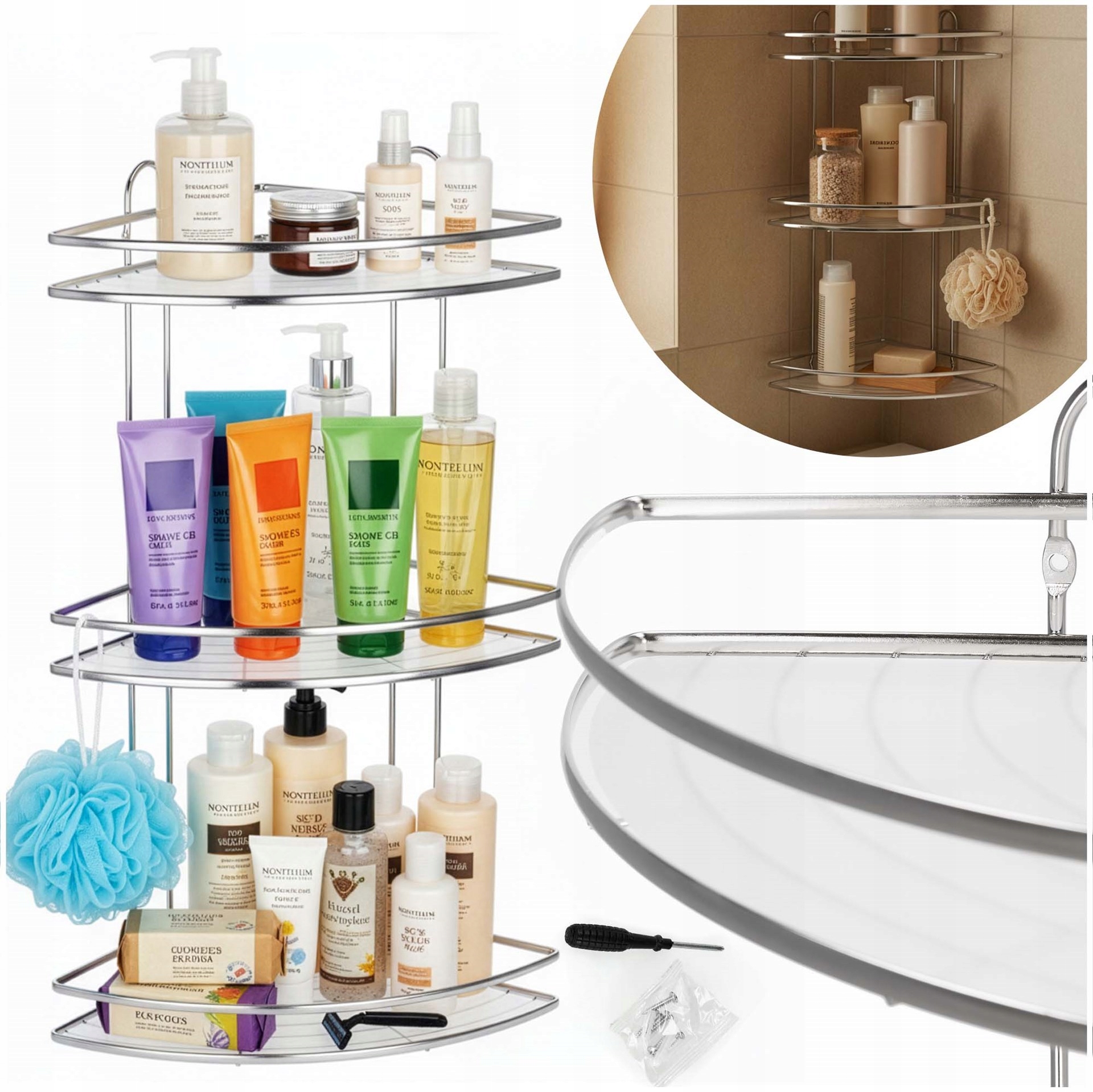 Koupelnová Polička Rohová Pod Sprchový Kout 58 cm Závěsná 3 Police Chromová Ocelová