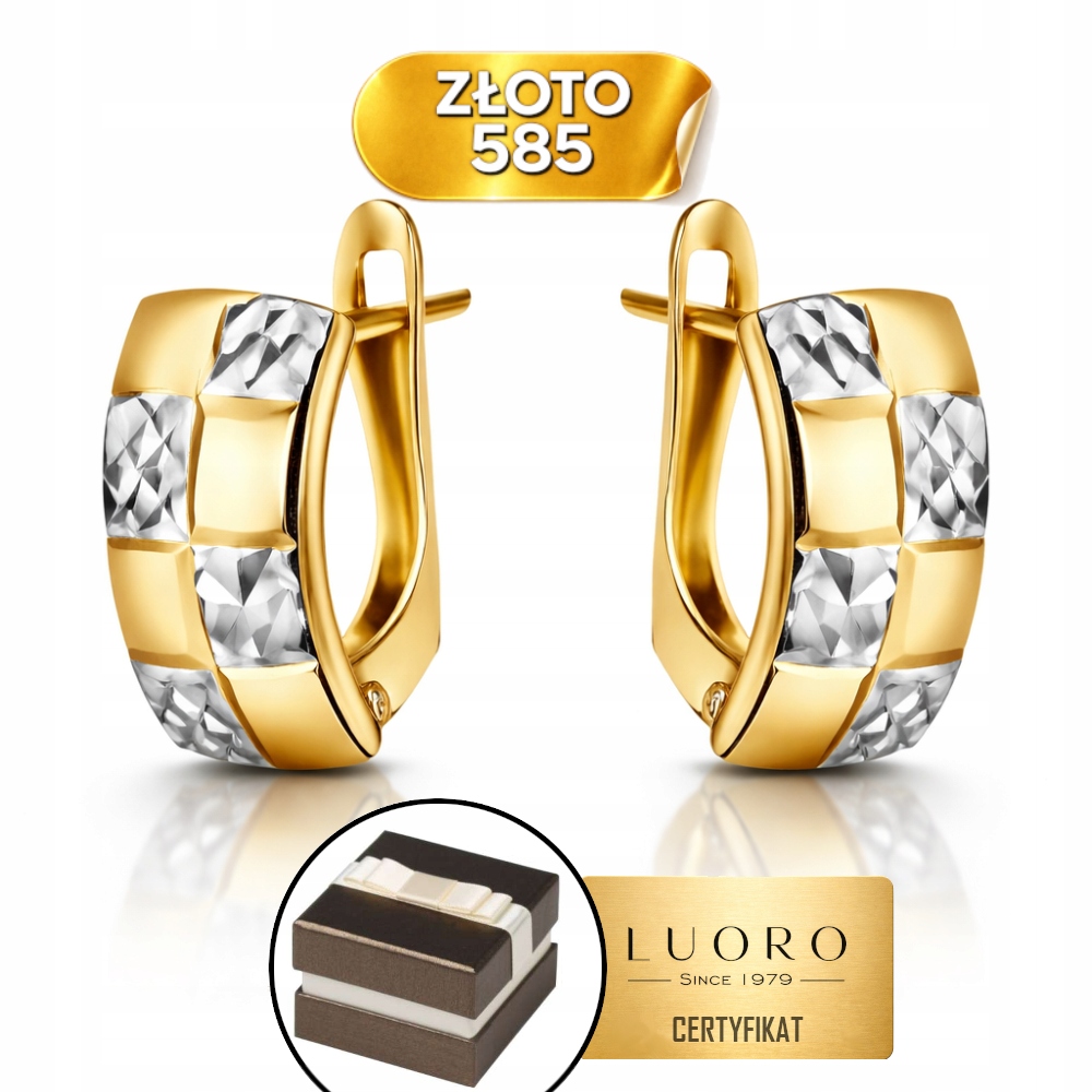 Náušnice Zlaté 585 14K Diamantové Čtverce 1,2 CM Krabička Dárek