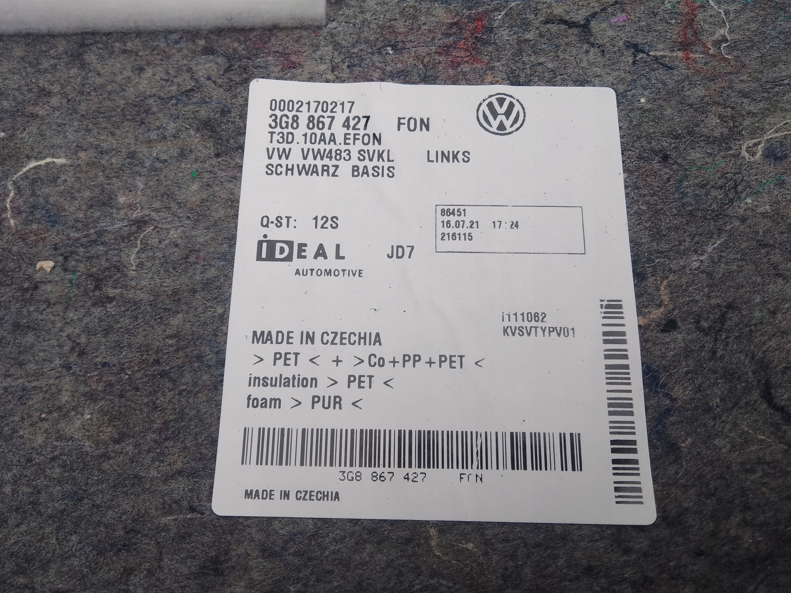 boot upholstery left rear part VW ARTEON 3G8867427