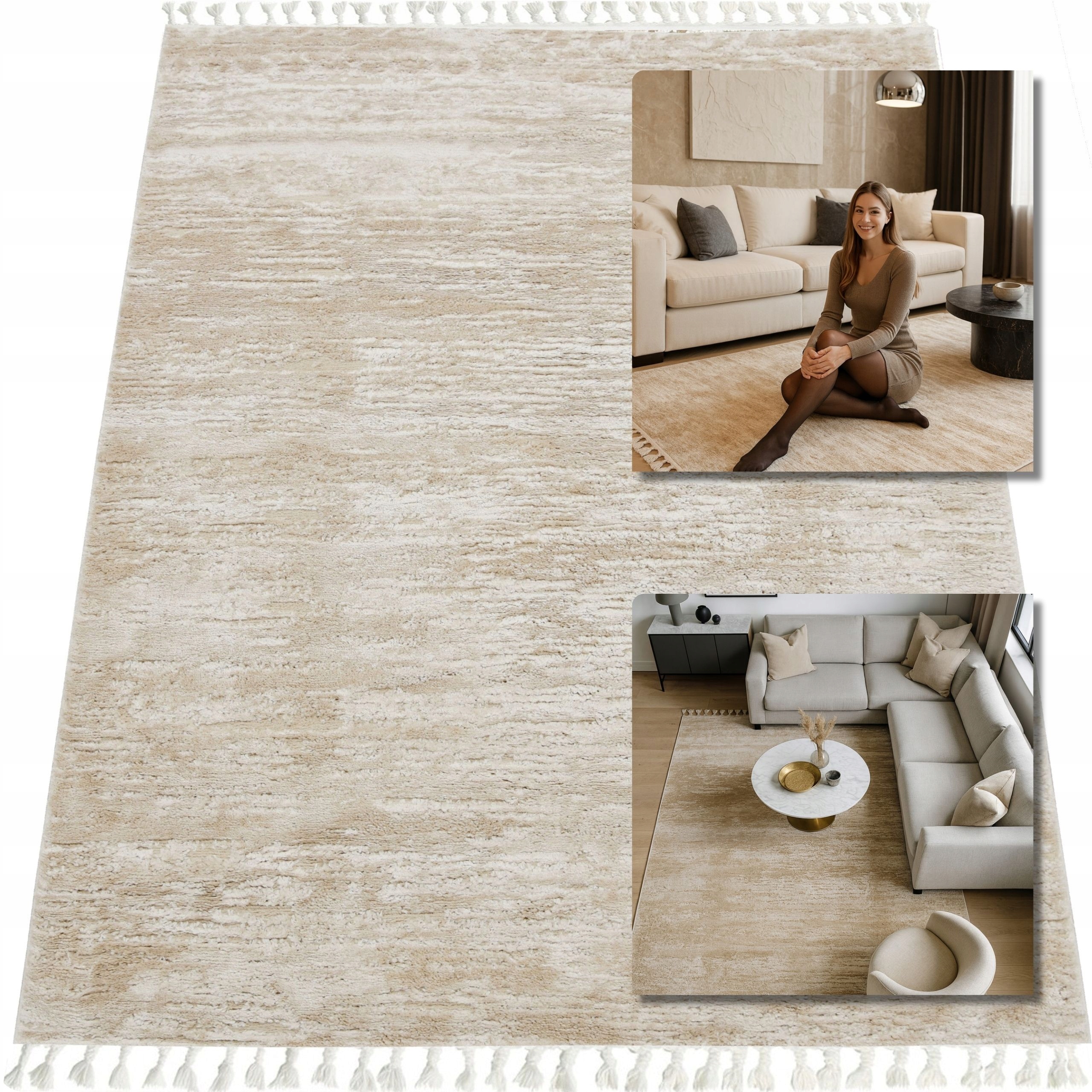 Béžový Turecký Koberec Shaggy Siena Koberce Do Obývacího Pokoje Boho Loft 120x170