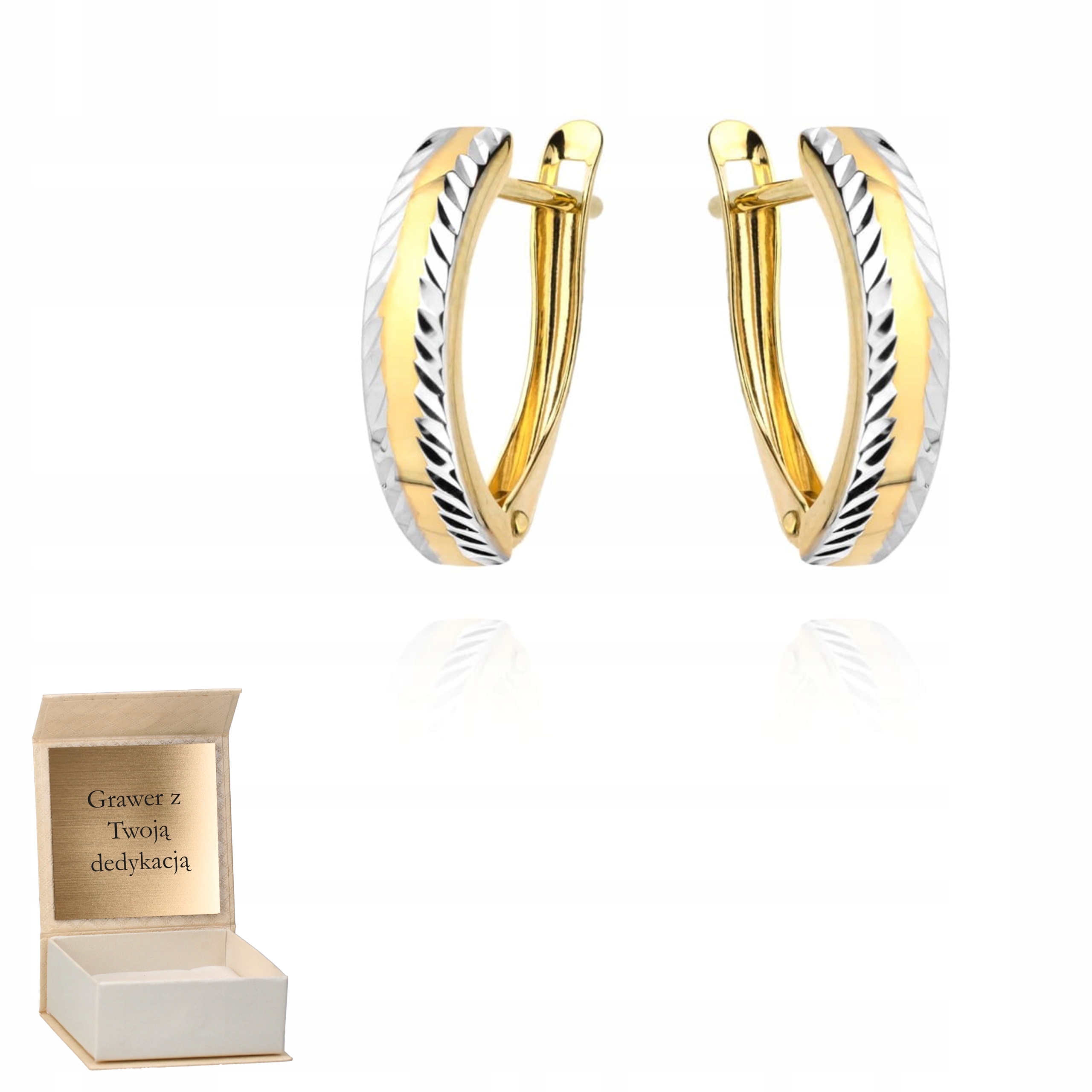 Zlaté náušnice Dvoubarevné Diamantované zapínání na okrajích 585 Gravírování