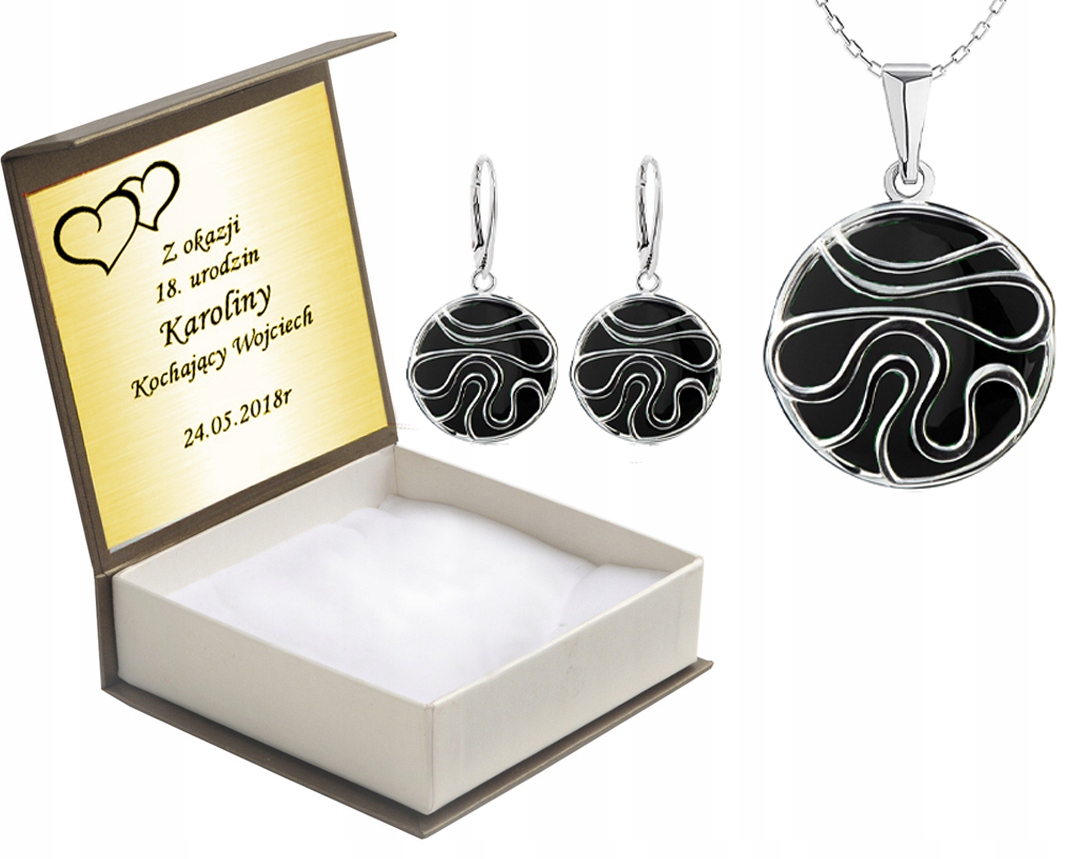 

Komplet Biżuterii Srebrnej Z Onyksami + Grawer