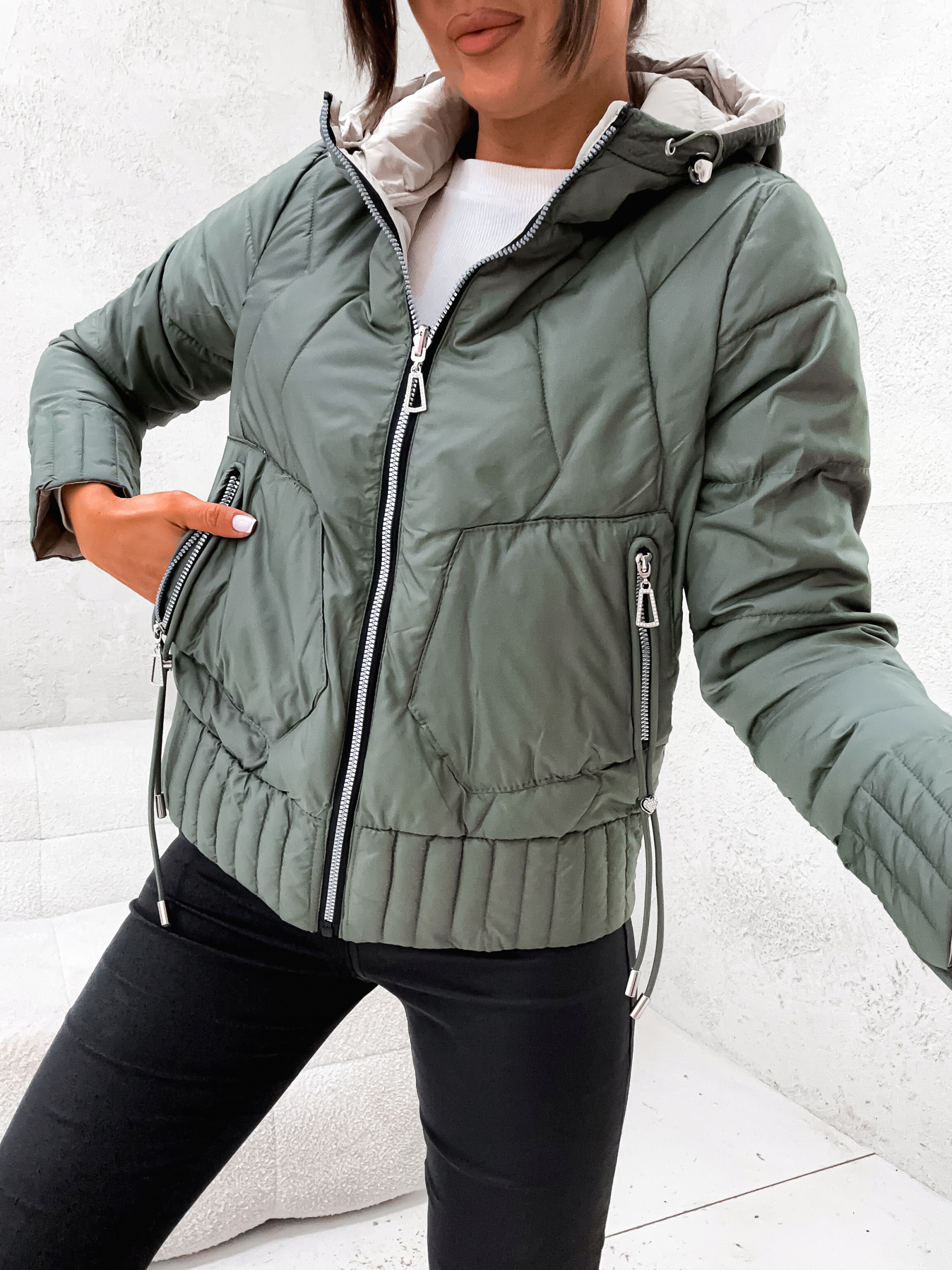 JESIENNA_DWUSTRONNA_Pikowana Modna Przejściówka - L Długość do bioder