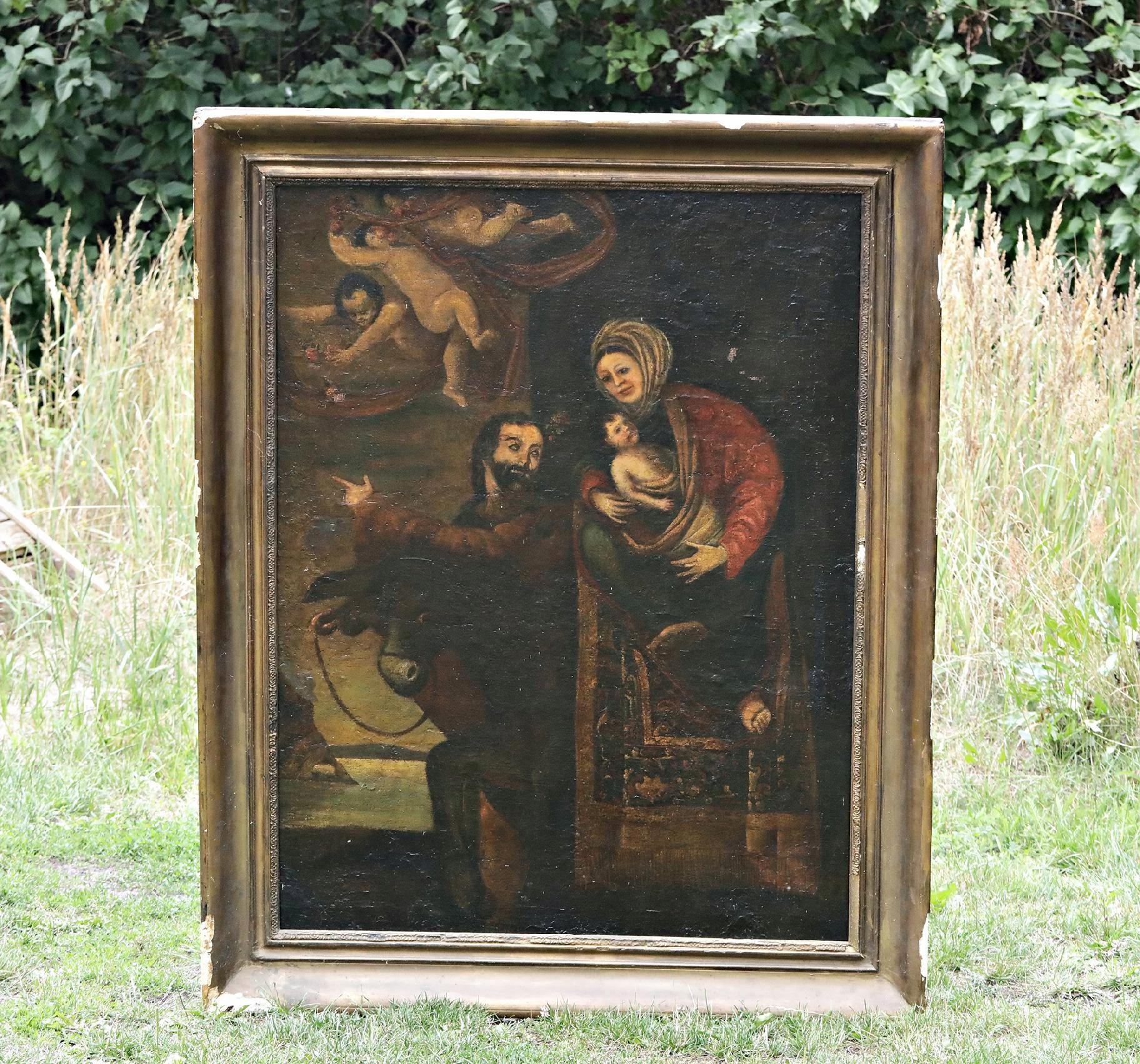 SCENA SAKRALNA - XVIII WIECZNY, OGROMNY OBRAZ OLEJNY NA PŁÓTNIE OBRAZ