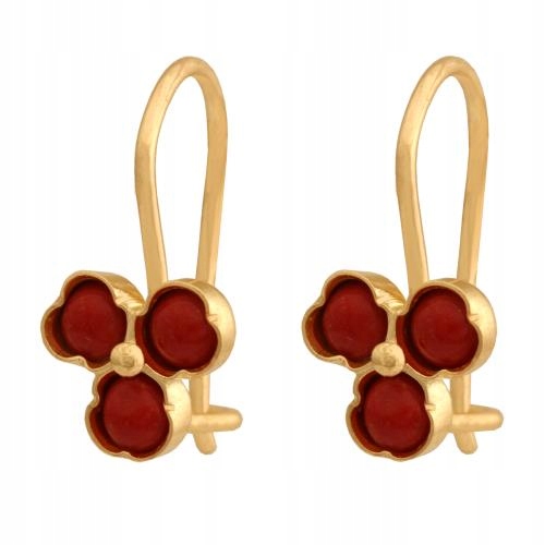 Zlaté 585 náušnice s červenými korálky čtyřlístku na biglu jako dárek 14k