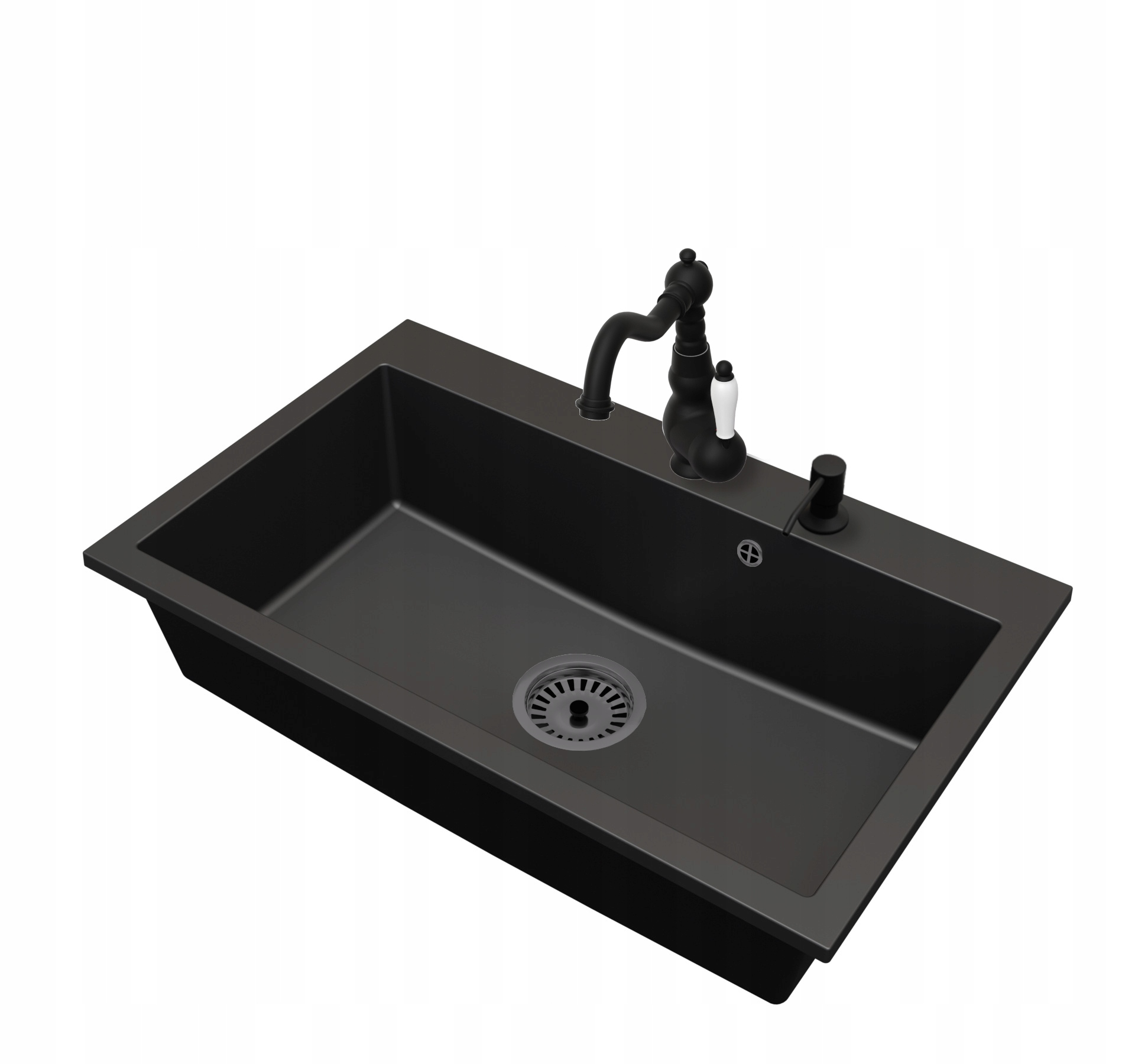 Granitový dřez Jednokomorový Elite 80 Baterie Dávkovač Sifon Černý