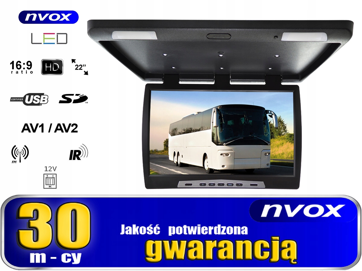 NVOX MONITOR samochodowy PODWIESZANY PODSUFITOWY 22 " CALE LED USB IR Gw30m Stan opakowania oryginalne