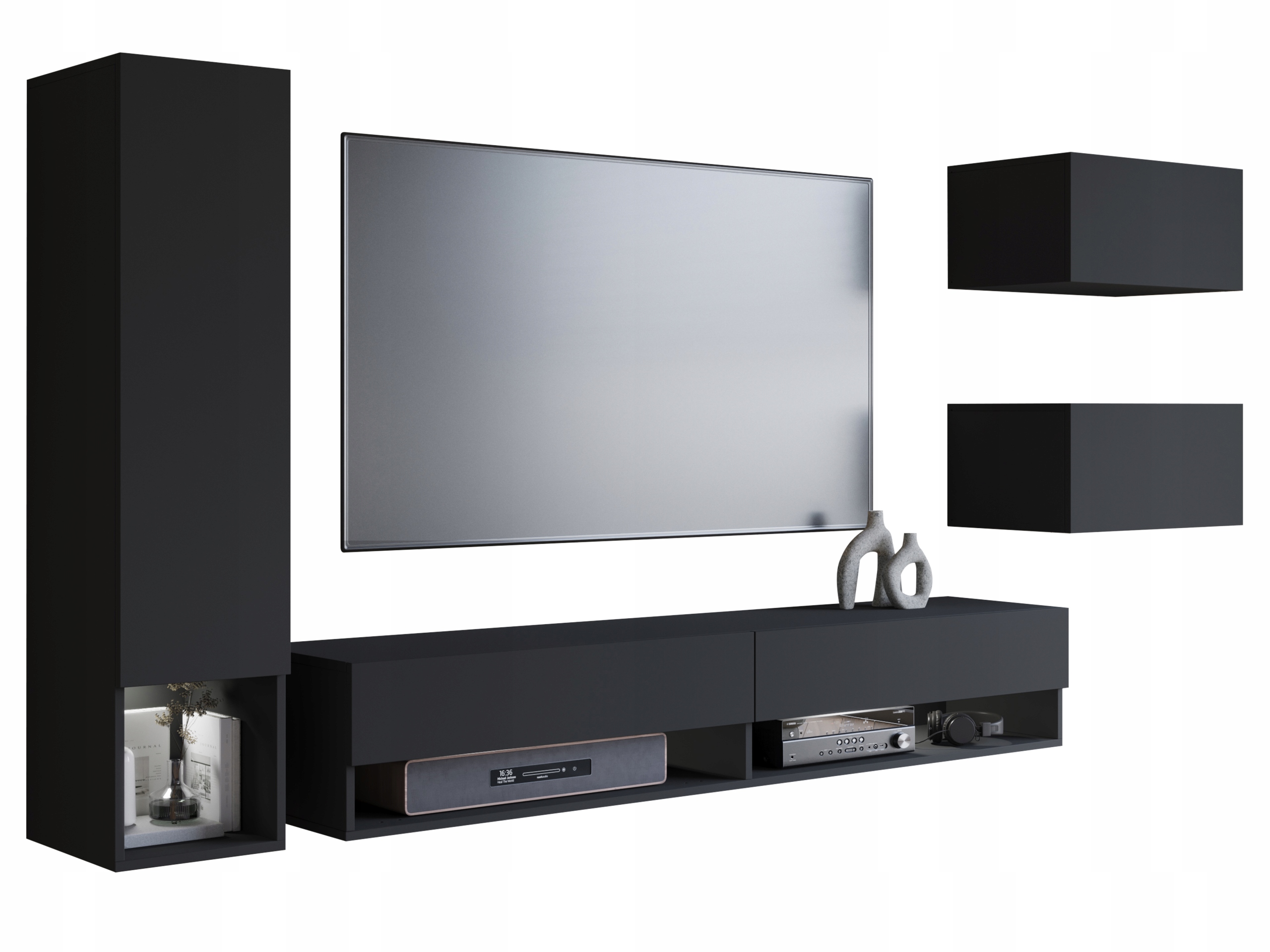 Nábytková Stěna 4-dílný závěsný set Rtv 180 sloupek 2 skříňky černá matná s Led