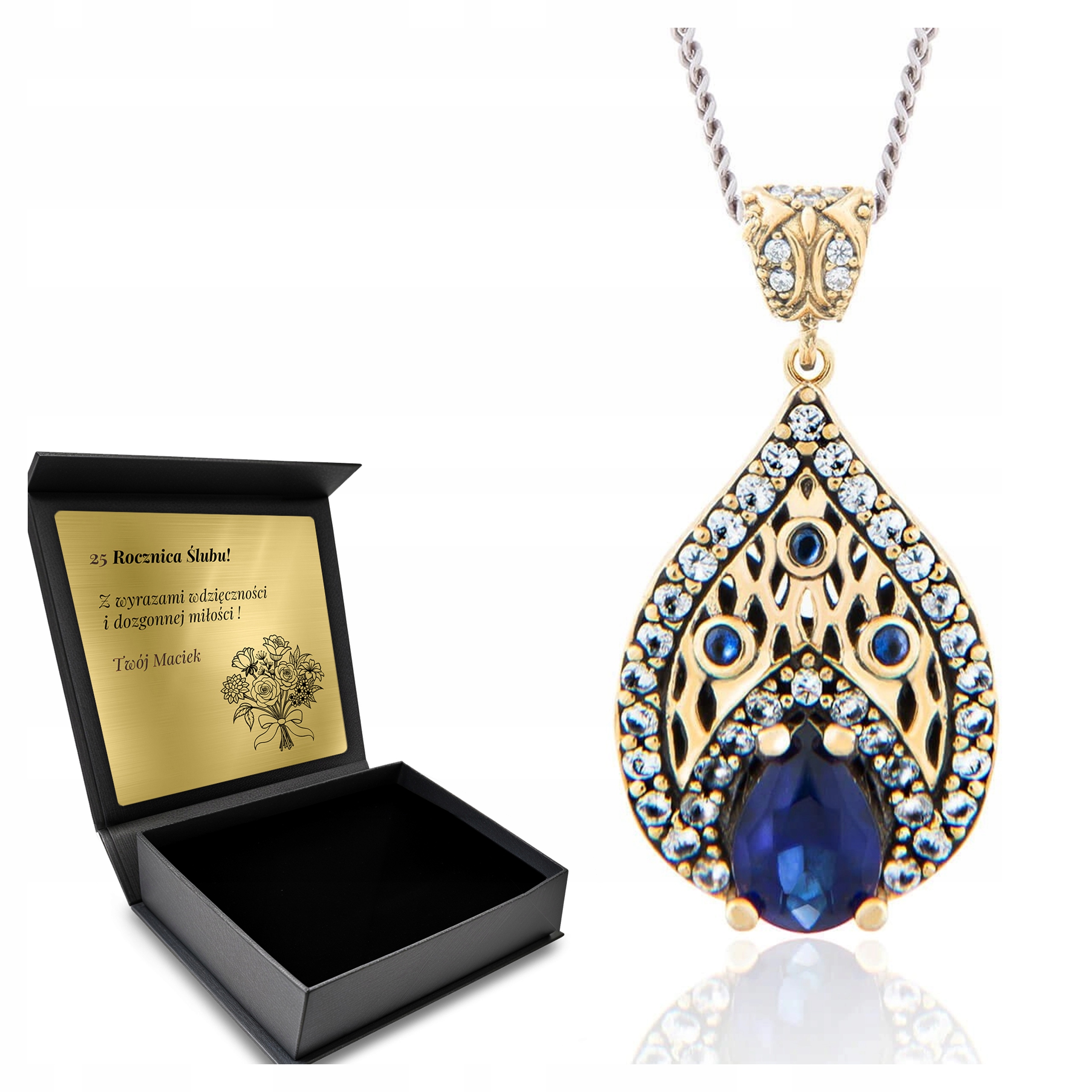 Stříbrný Náhrdelník 925 Zirkony Safírové Šperky Pro Ženy Gravírování Bonus